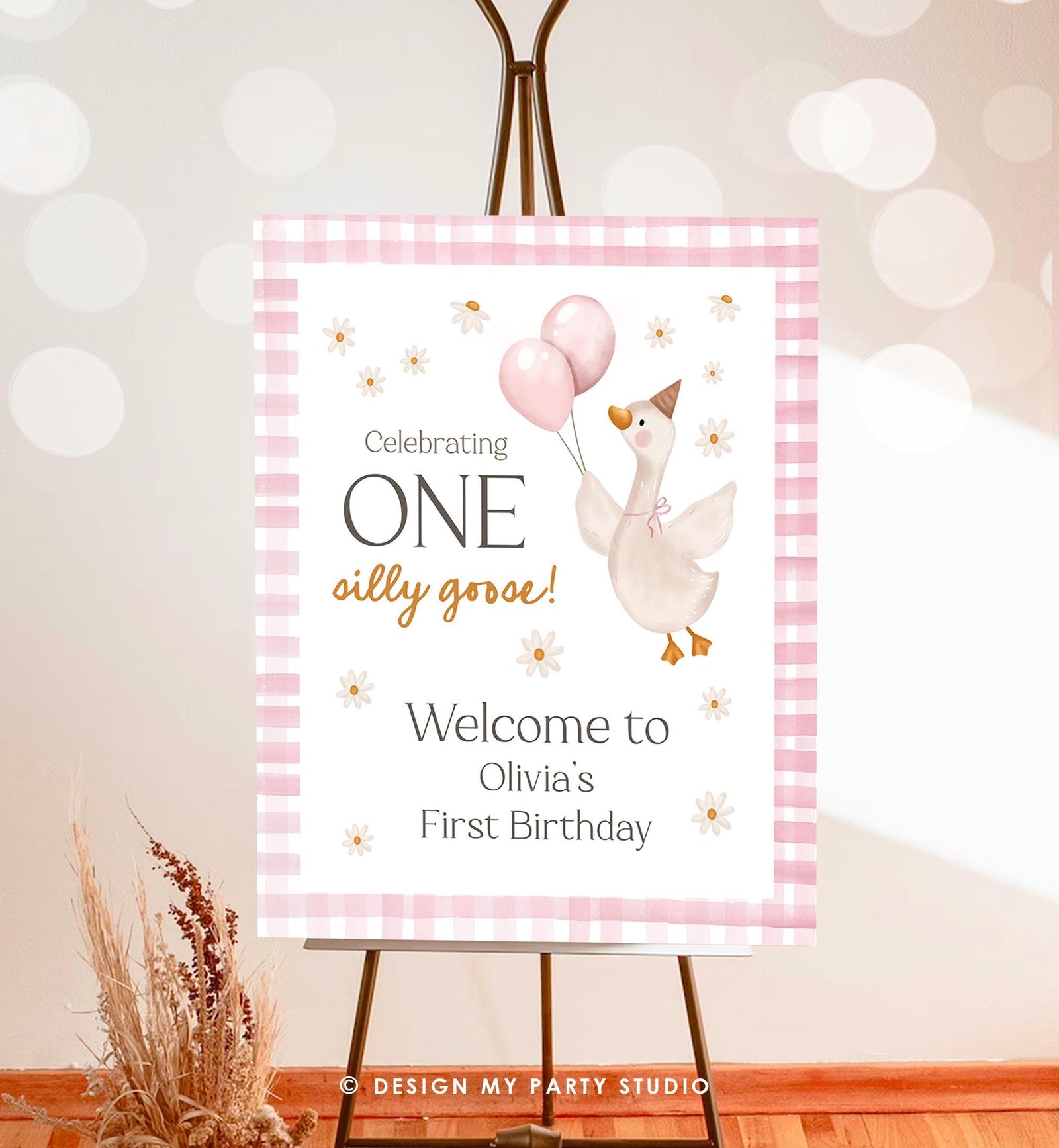 Editable One Silly Goose Birthday Welcome Sign Pink Girl Goose Birthday Decor 1st First Welcome Poster Editable Template Printable 0540