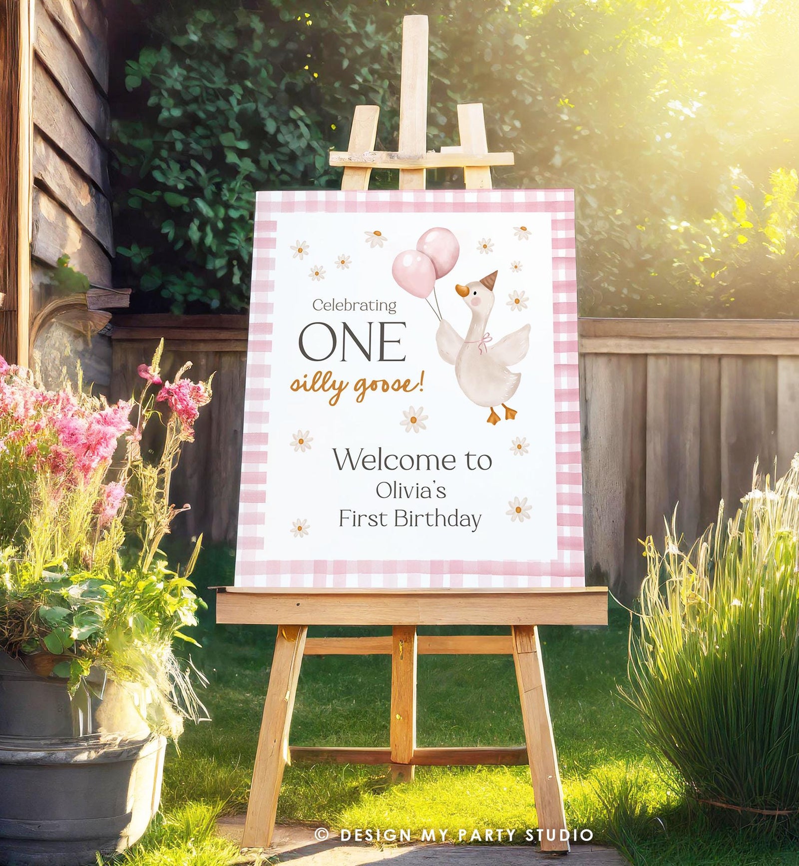 Editable One Silly Goose Birthday Welcome Sign Pink Girl Goose Birthday Decor 1st First Welcome Poster Editable Template Printable 0540