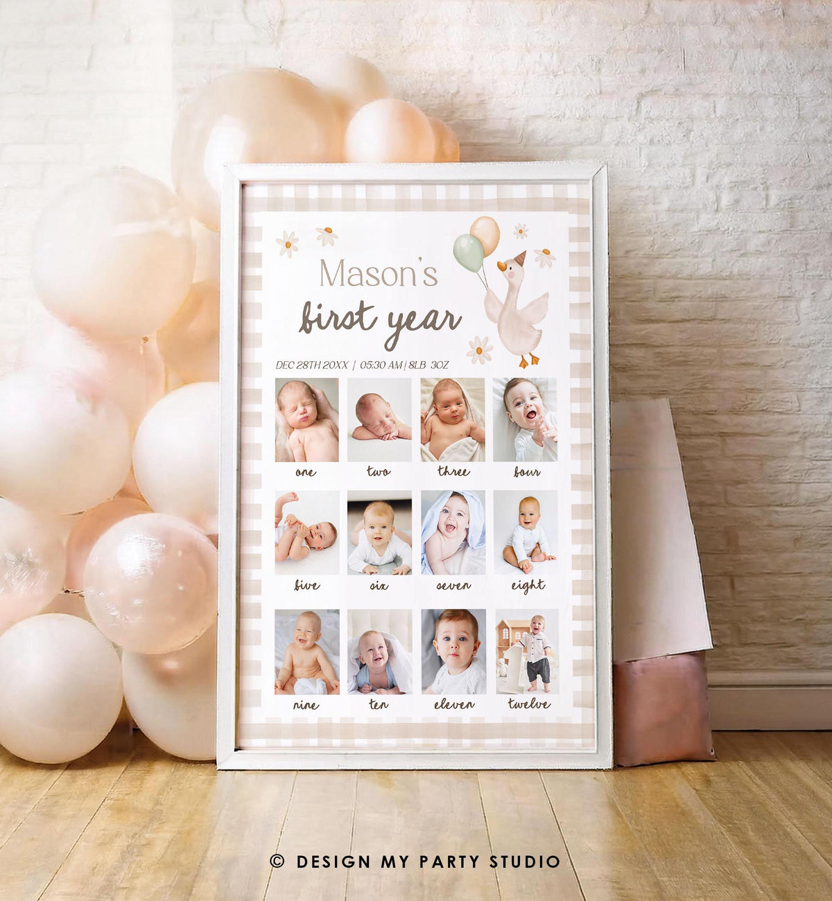 Editable One Silly Goose First Birthday Photo Board Neutral Banner Monthly Photo Sign 1st Birthday Poster Teddy Template Printable 0540