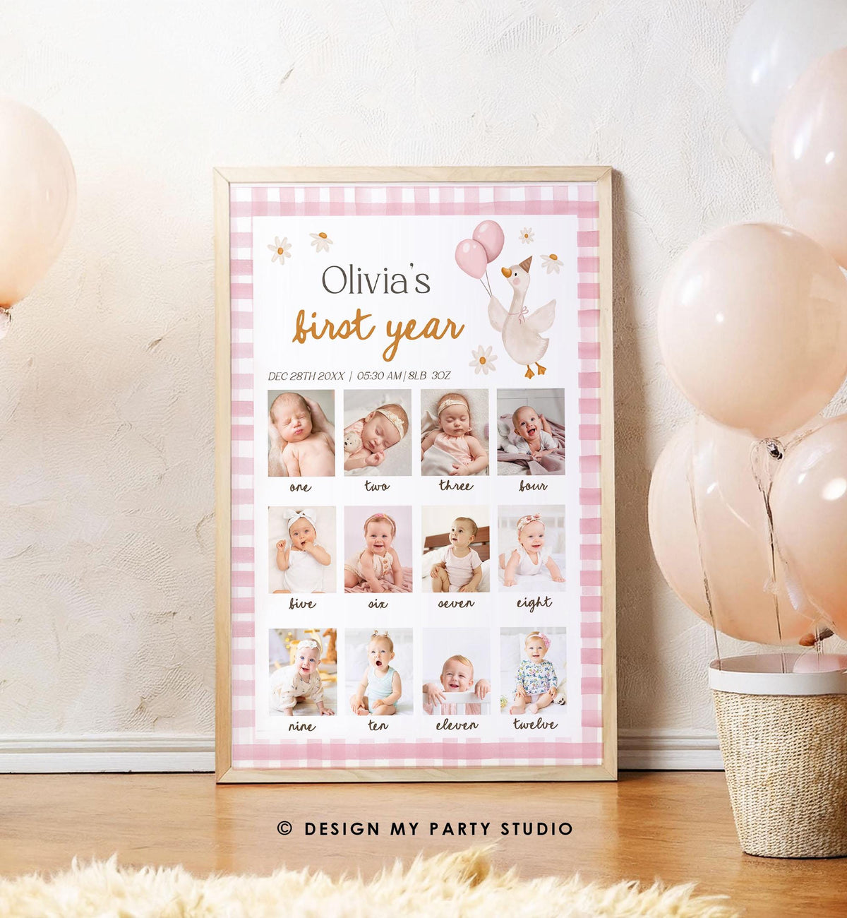 Editable One Silly Goose First Birthday Photo Board Girl Pink Banner Monthly Photo Sign 1st Birthday Poster Teddy Template Printable 0540