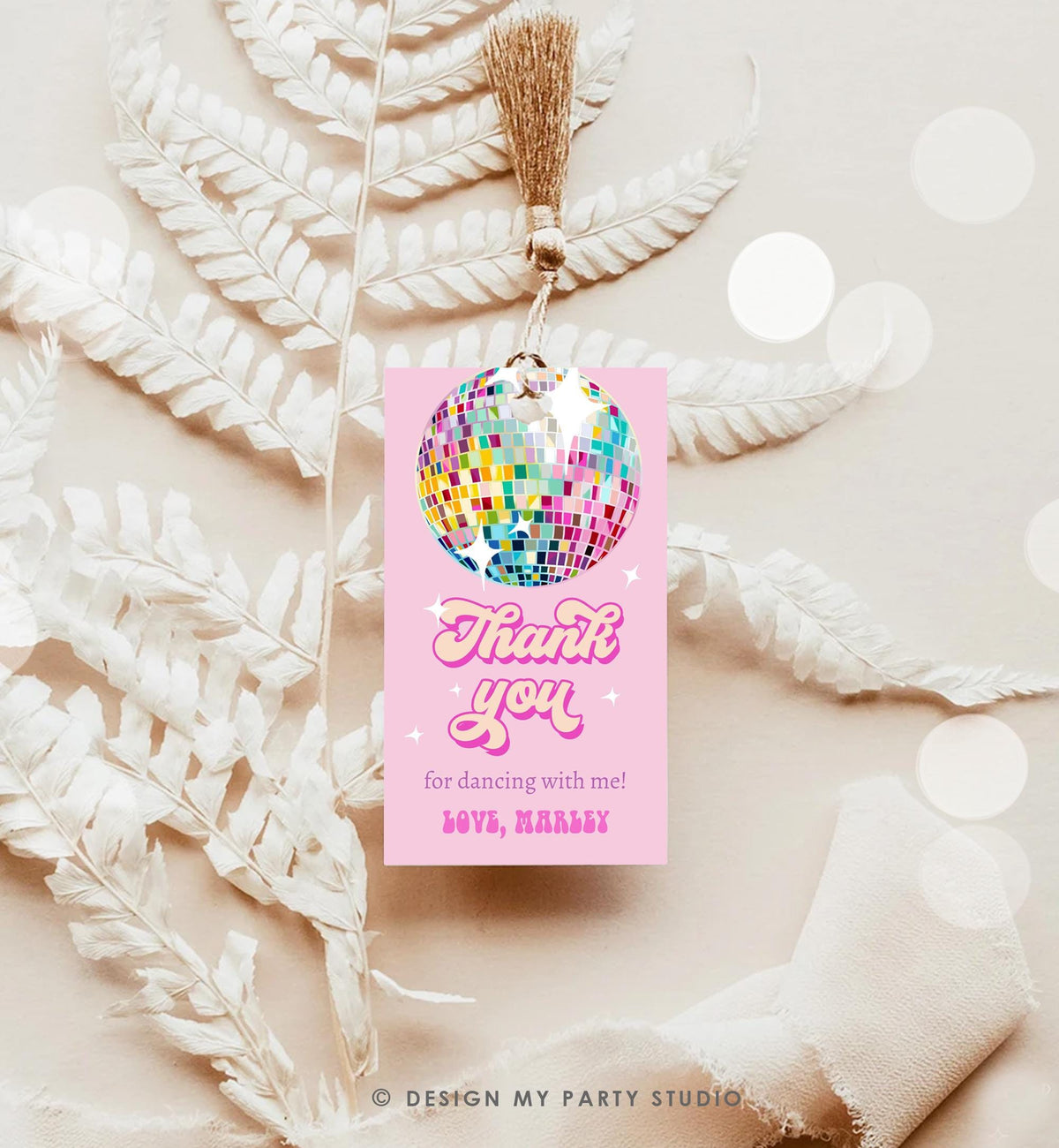 Editable Disco Ball Favor Tag Let&#39;s Disco Adult Party Birthday Thank You Girl Retro 70&#39;s Party Flower Power Digital Template Printable 0501
