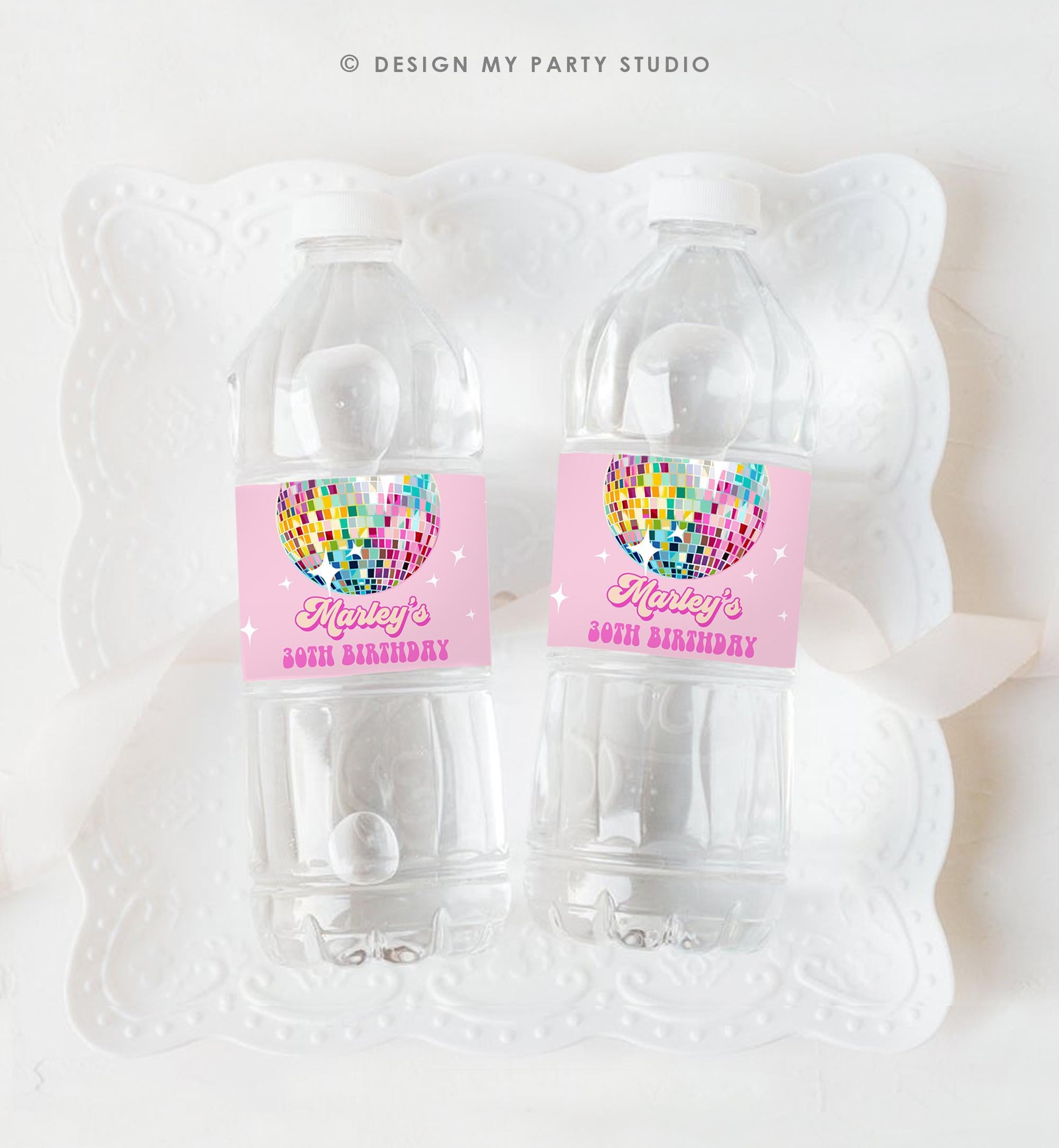 Editable Disco Water Bottle Labels Let's Disco Ball Retro Groovy Adult 70s Party Decor Birthday Pink Digital Template Printable 0501