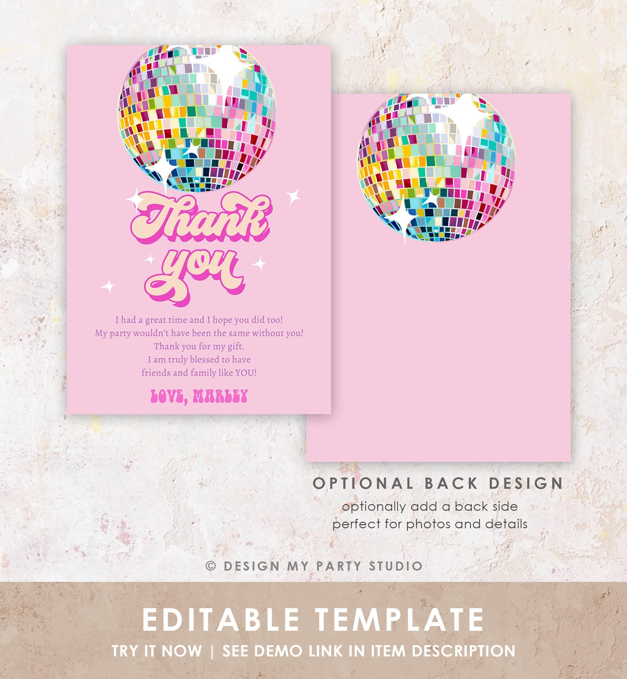 Editable Disco Party Thank You Card Let's Disco Ball Retro Groovy Birthday Shower 70s Adult Party Digital Download Template Printable 0501