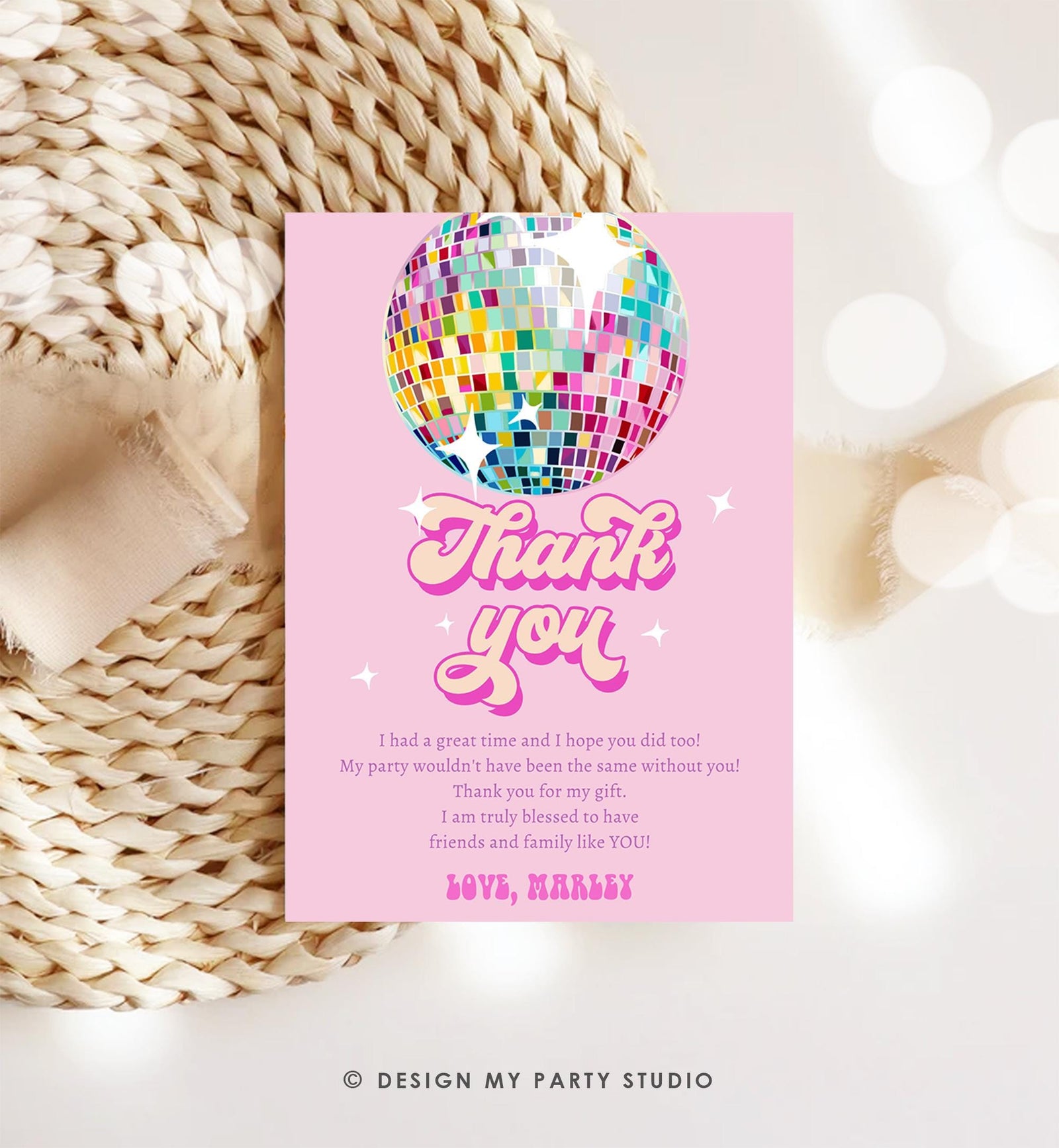 Editable Disco Party Thank You Card Let's Disco Ball Retro Groovy Birthday Shower 70s Adult Party Digital Download Template Printable 0501