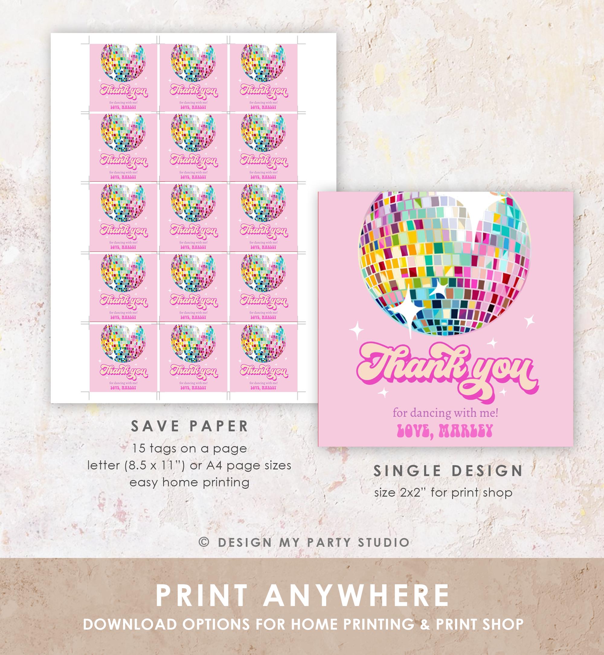 Editable Disco Ball Favor Tag Let's Disco Adult 70s Party Birthday Thank You Stickers Retro Groovy Pink Digital Template Printable 0501