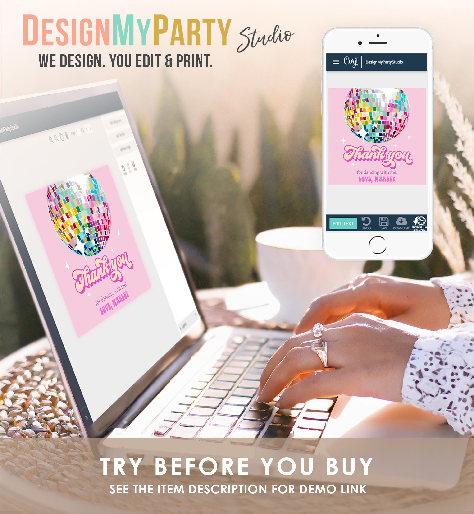 Editable Disco Ball Favor Tag Let's Disco Adult 70s Party Birthday Thank You Stickers Retro Groovy Pink Digital Template Printable 0501