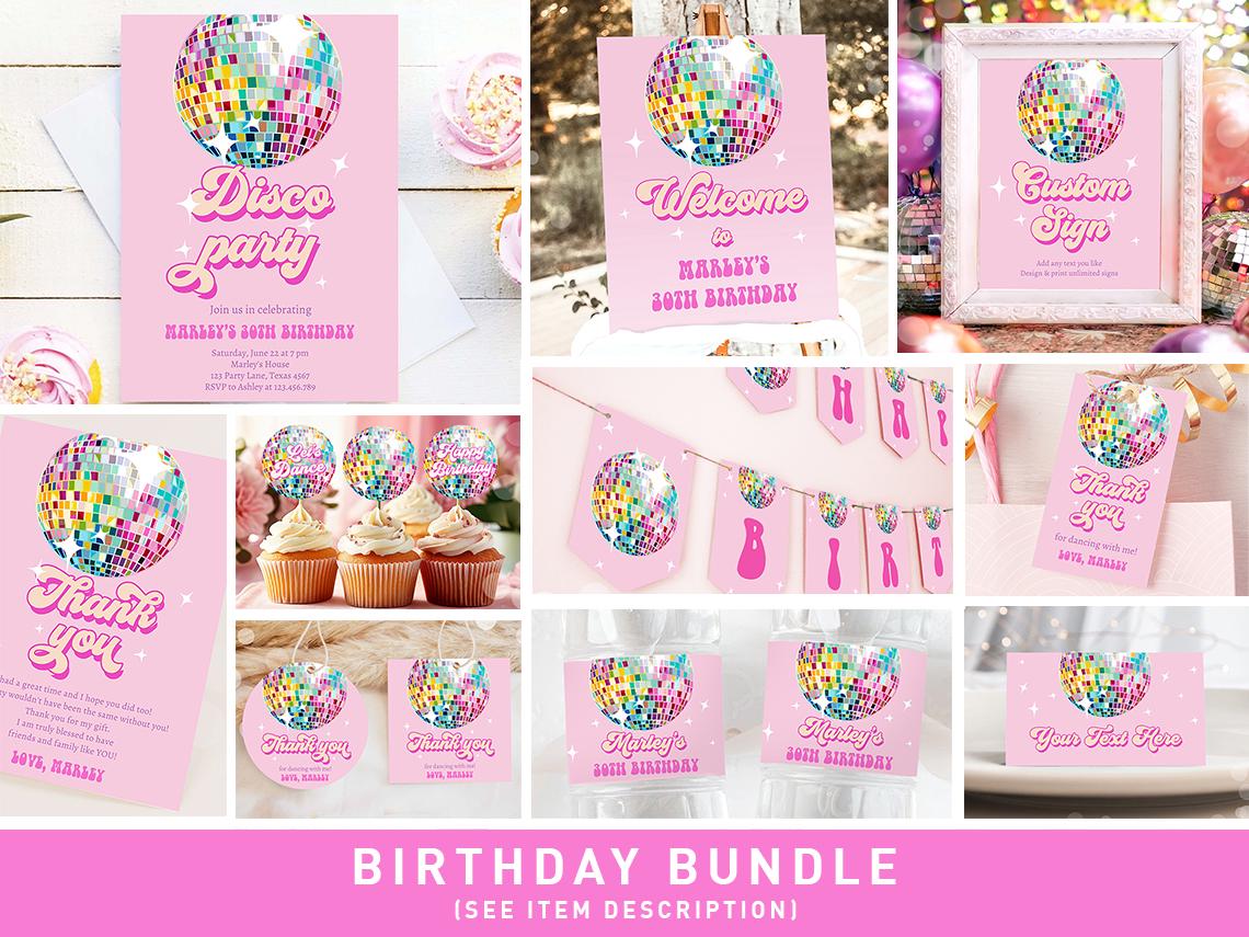 Disco Birthday Invitation Bundle ANY AGE Let&#39;s Disco Ball Retro Groovy 70s Party Girl Pink Flower Power Digital Template Printable 0501