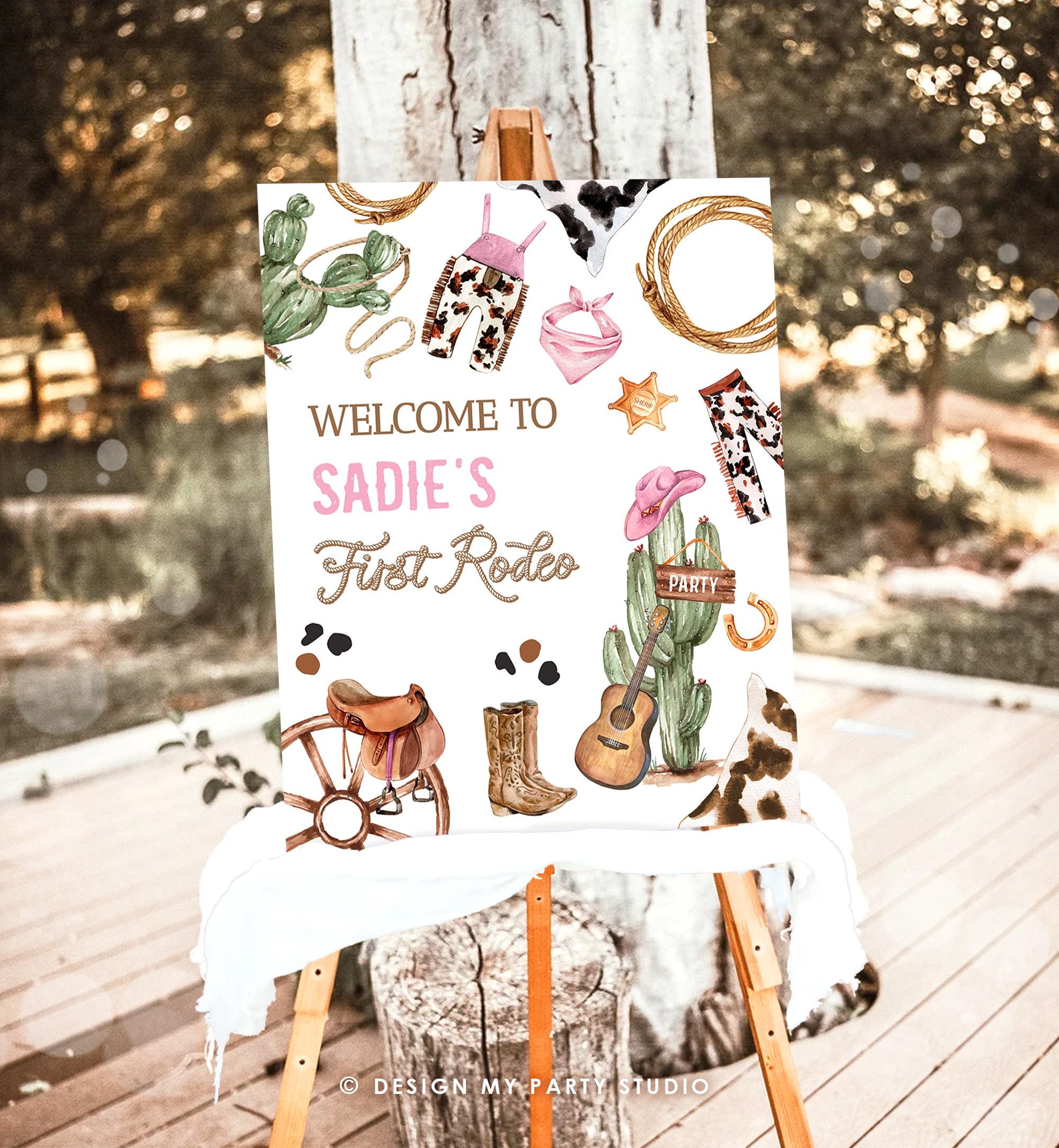 Editable Rodeo Birthday Welcome Sign Disco Birthday Girl Pink Birthday Decor Cowgirl Country Wild West Digital Template Printable 0509