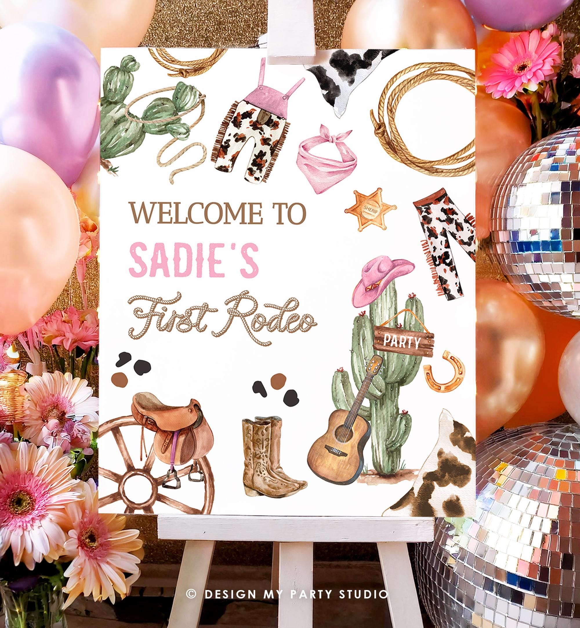 Editable Rodeo Birthday Welcome Sign Disco Birthday Girl Pink Birthday Decor Cowgirl Country Wild West Digital Template Printable 0509