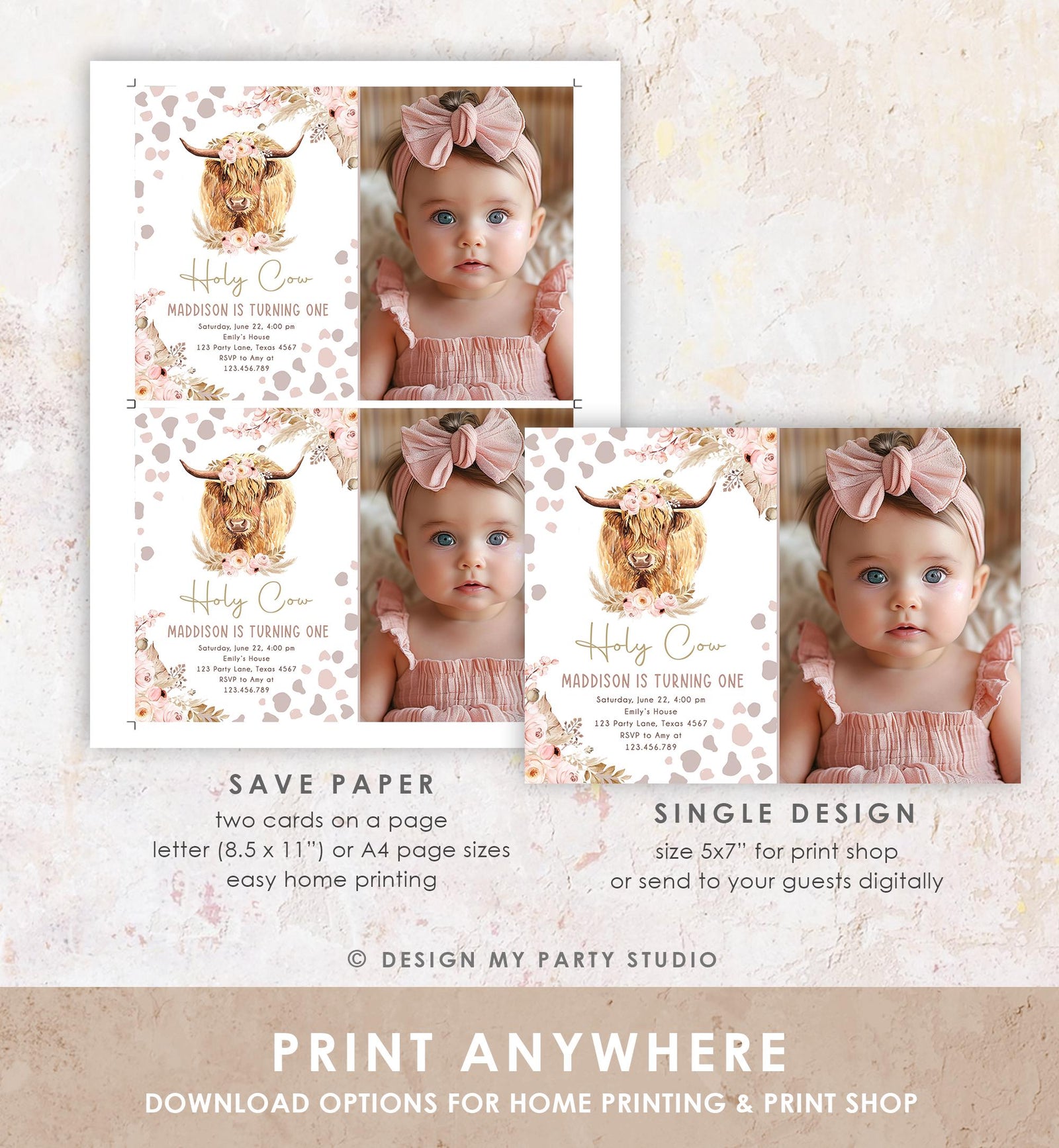 Editable Holy Cow Birthday Invitation Boho Girl Farm Animals Pink Floral Pampas Grass 1st Highlander Digital Evite Template Printable 0453
