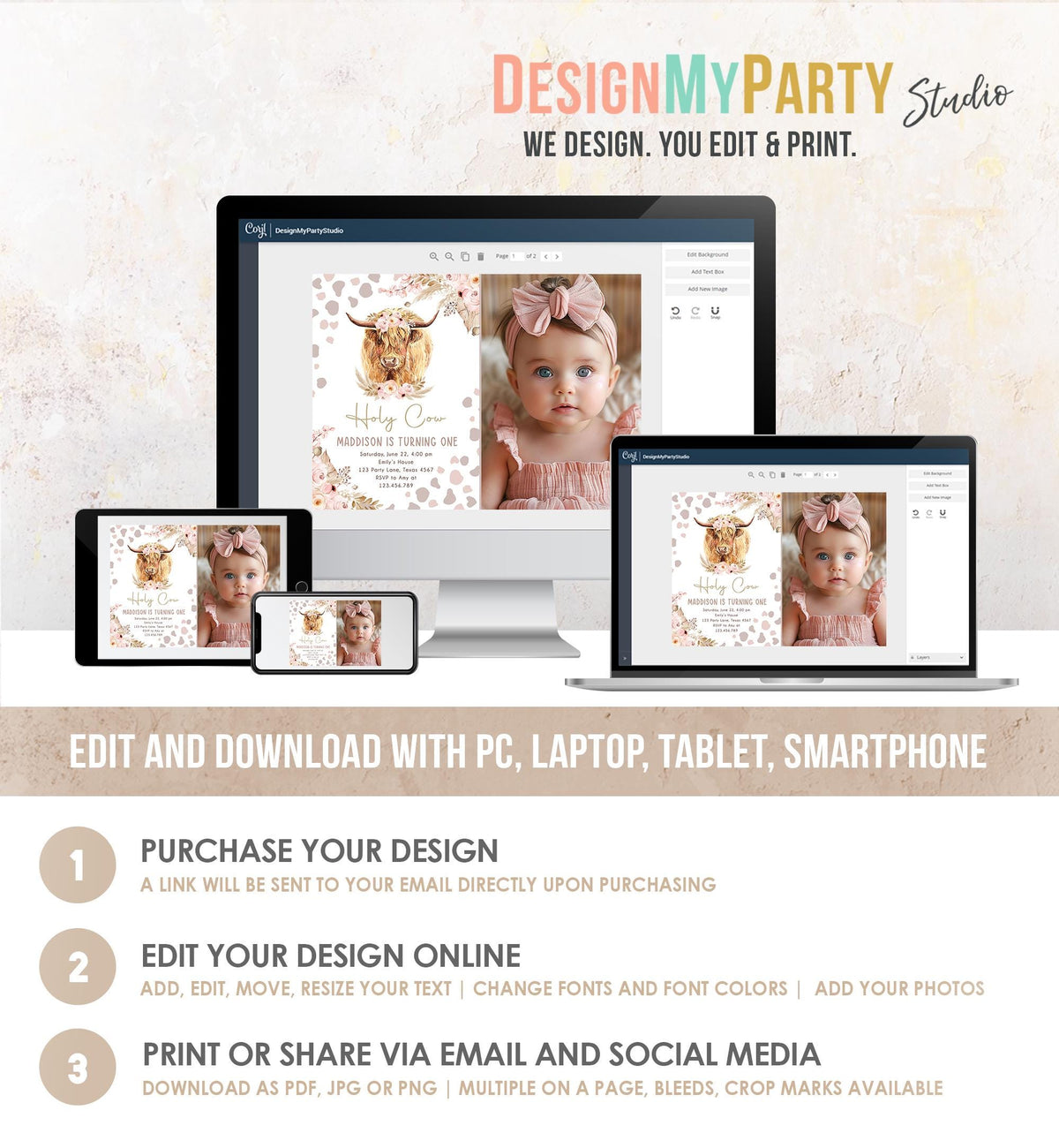 Editable Holy Cow Birthday Invitation Boho Girl Farm Animals Pink Floral Pampas Grass 1st Highlander Digital Evite Template Printable 0453