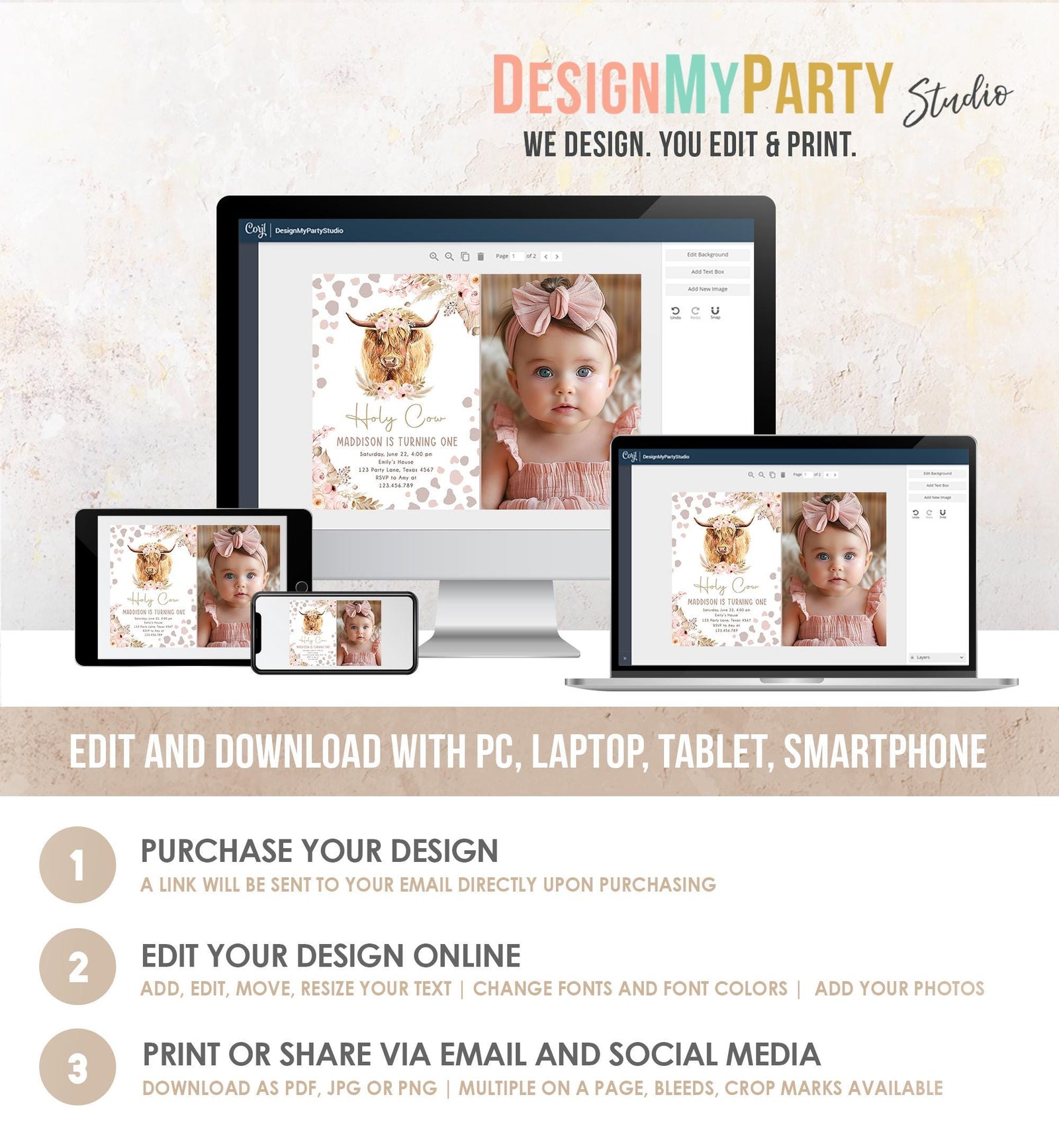 Editable Holy Cow Birthday Invitation Boho Girl Farm Animals Pink Floral Pampas Grass 1st Highlander Digital Evite Template Printable 0453