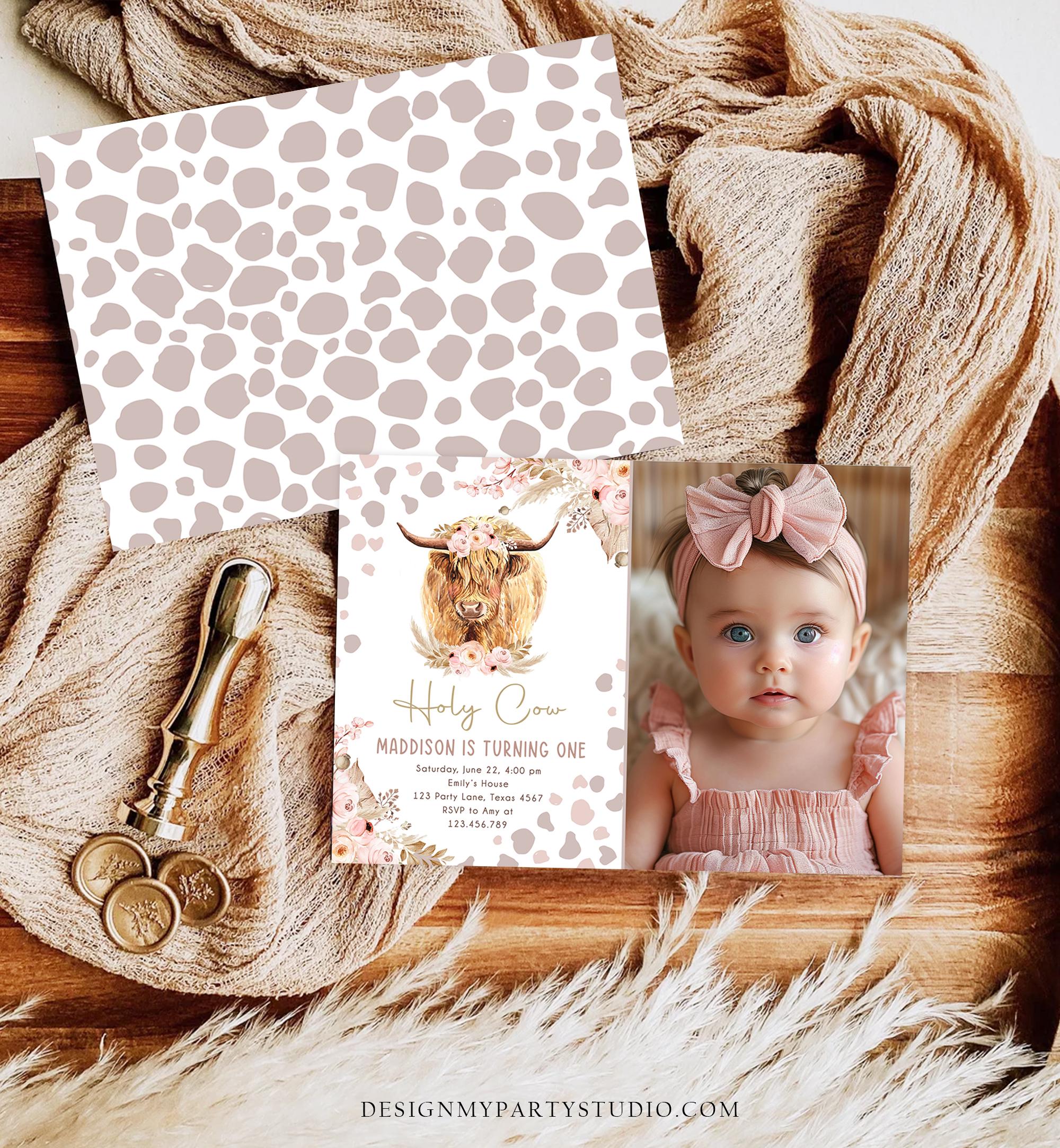 Editable Holy Cow Birthday Invitation Boho Girl Farm Animals Pink Floral Pampas Grass 1st Highlander Digital Evite Template Printable 0453