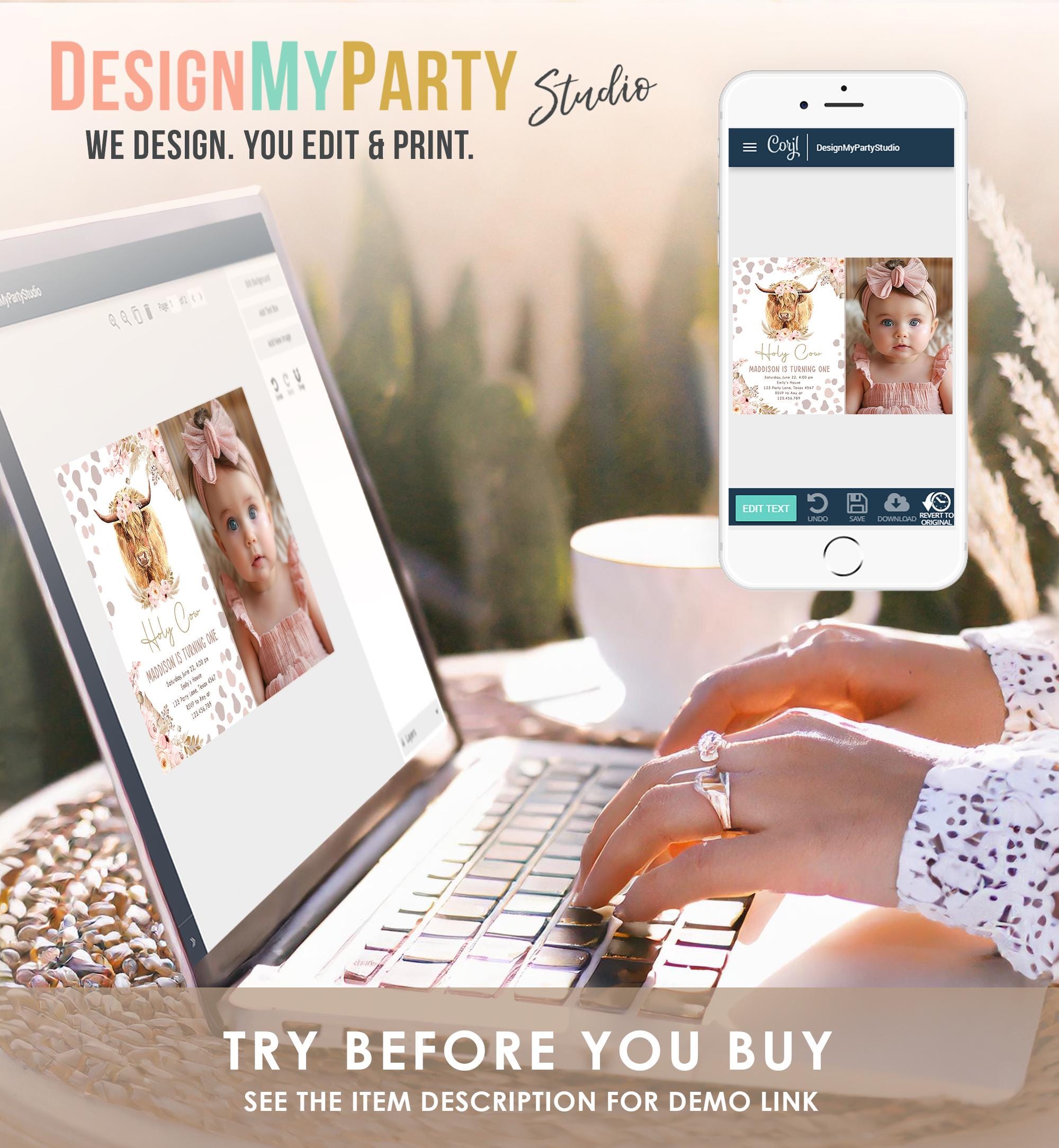Editable Holy Cow Birthday Invitation Boho Girl Farm Animals Pink Floral Pampas Grass 1st Highlander Digital Evite Template Printable 0453