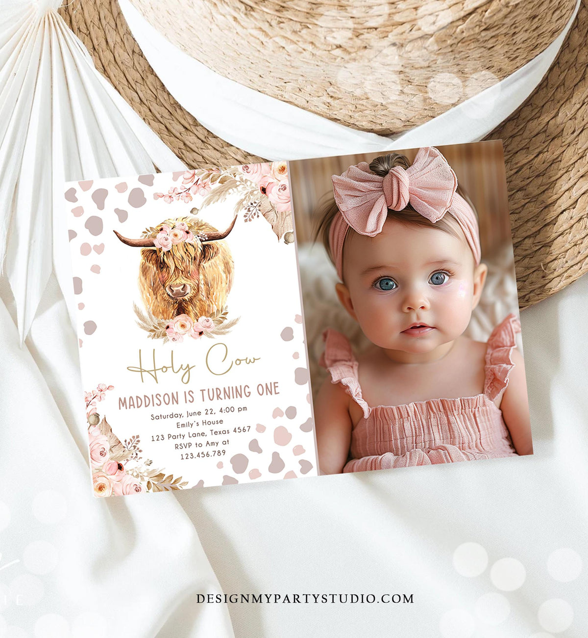 Editable Holy Cow Birthday Invitation Boho Girl Farm Animals Pink Floral Pampas Grass 1st Highlander Digital Evite Template Printable 0453