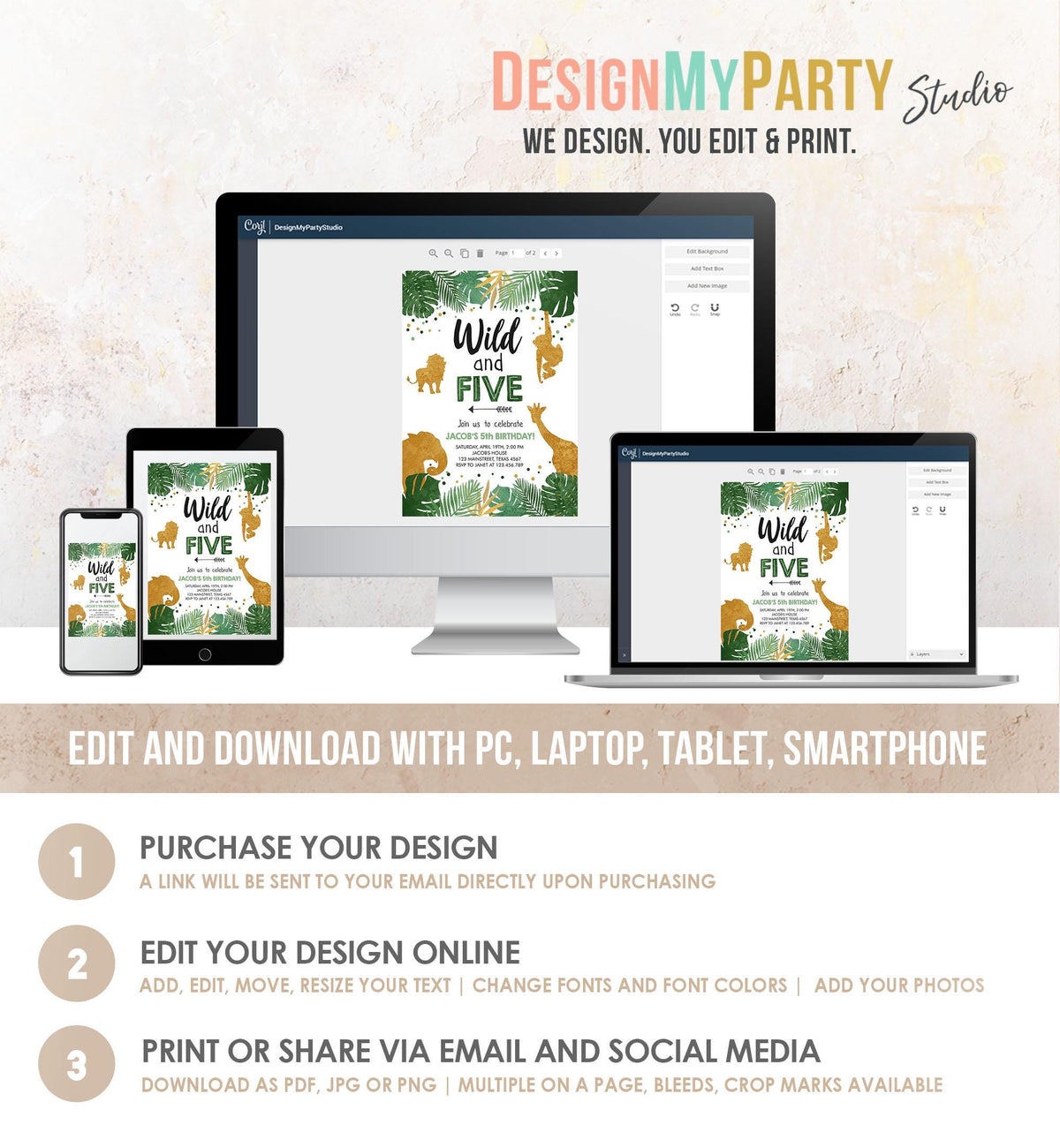 Editable Wild and Five Birthday Invitation Safari Animals Party Animals Boy Third Birthday 5th Bday Digital Evite Template Printable 0016