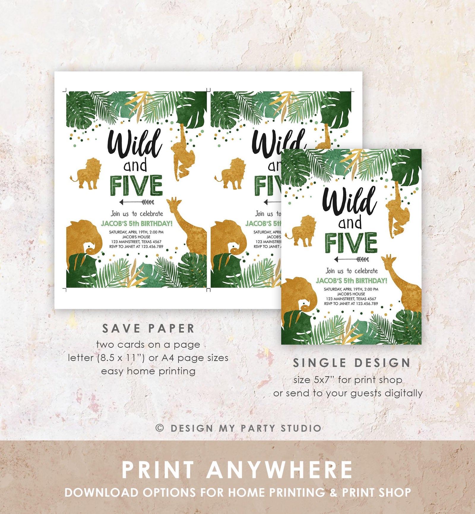 Editable Wild and Five Birthday Invitation Safari Animals Party Animals Boy Third Birthday 5th Bday Digital Evite Template Printable 0016