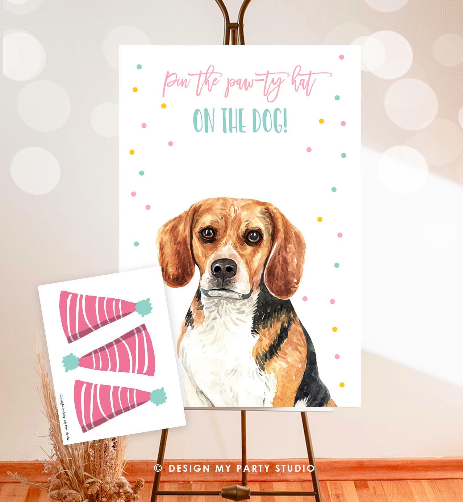 Pin the Hat on The Dog Party Game Dog Birthday Game Puppy Birthday Party Activity Pin The Tail Girl Instant Download Printable Digital 0384