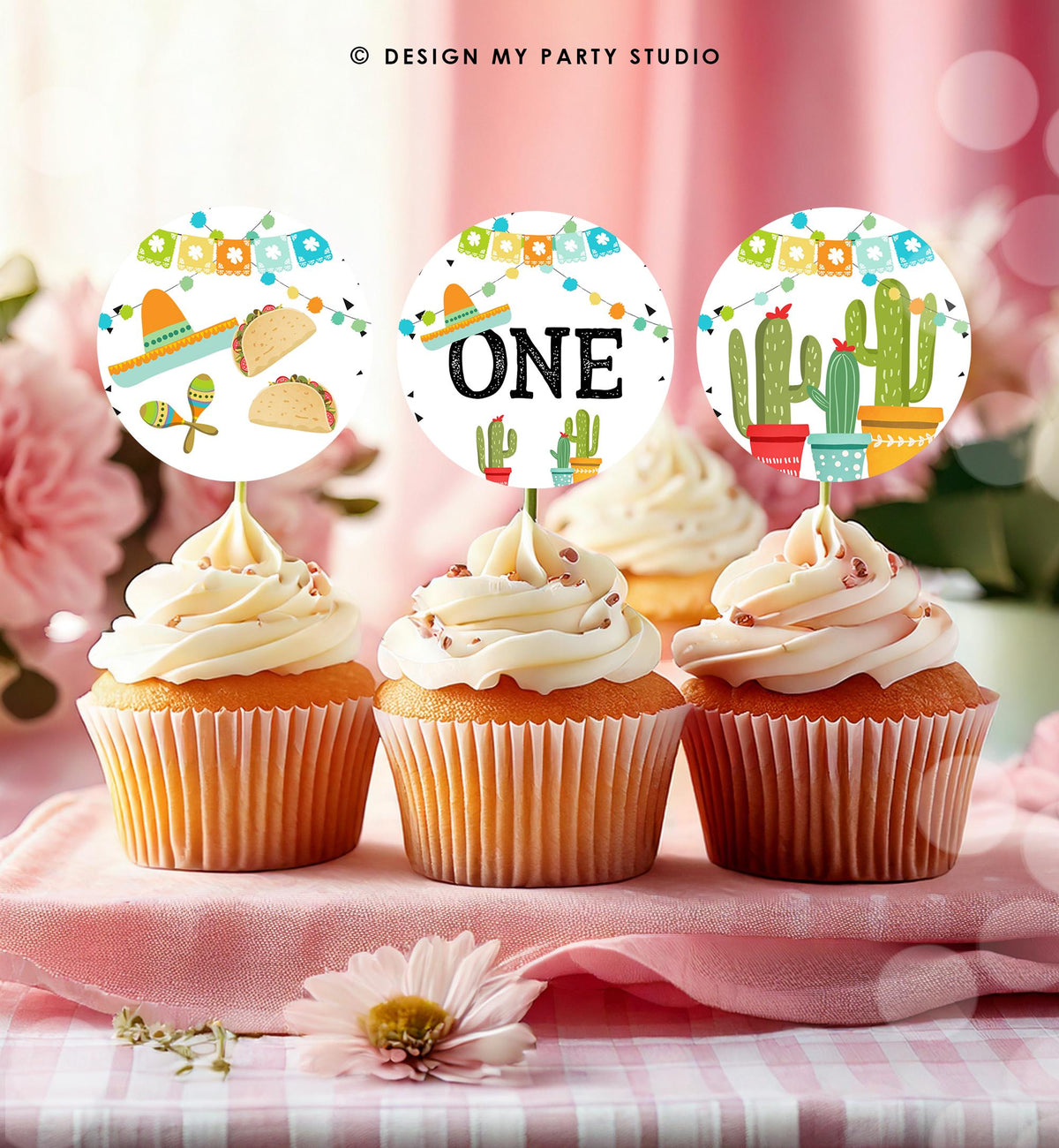 First Fiesta Cupcake Toppers Favor Tag Sticker First 1st Birthday Party Decoration Fiesta Mexican Cactus Instant Download Printable 0161