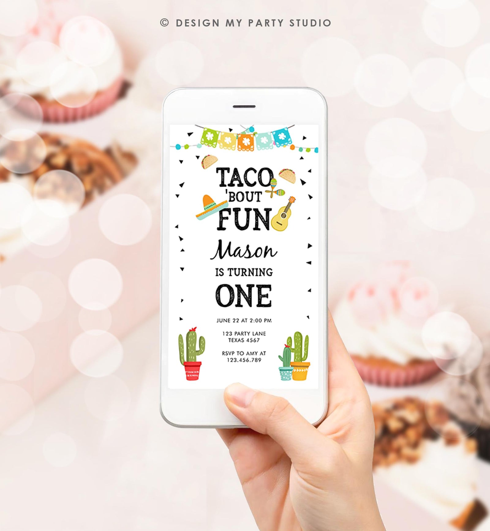 Editable Taco Bout Fun Birthday Invitation Boy First Fiesta Cactus Sombrero Blue Digital Download Electronic Evite Phone Template 0161