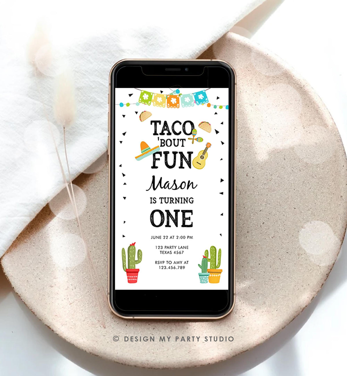 Editable Taco Bout Fun Birthday Invitation Boy First Fiesta Cactus Sombrero Blue Digital Download Electronic Evite Phone Template 0161