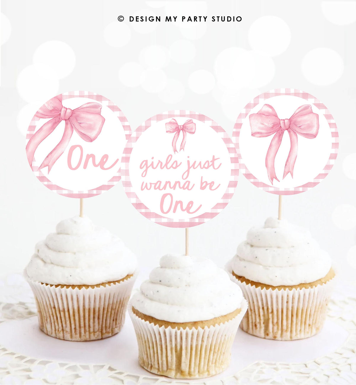 Cupcake Toppers Girls Just Wanne Be One Birthday Pink Bow 1st Birthday Preppy Coquette Bow Birtday Girl Digital Template Printable 0527