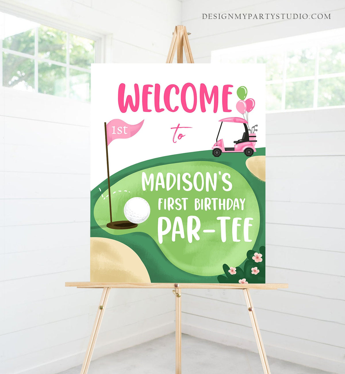Editable Golf Birthday Welcome Sign 1st Birthday Girl Hole in One Party First Birthday Par-Tee Golfing Golf Digital Template Printable 0405