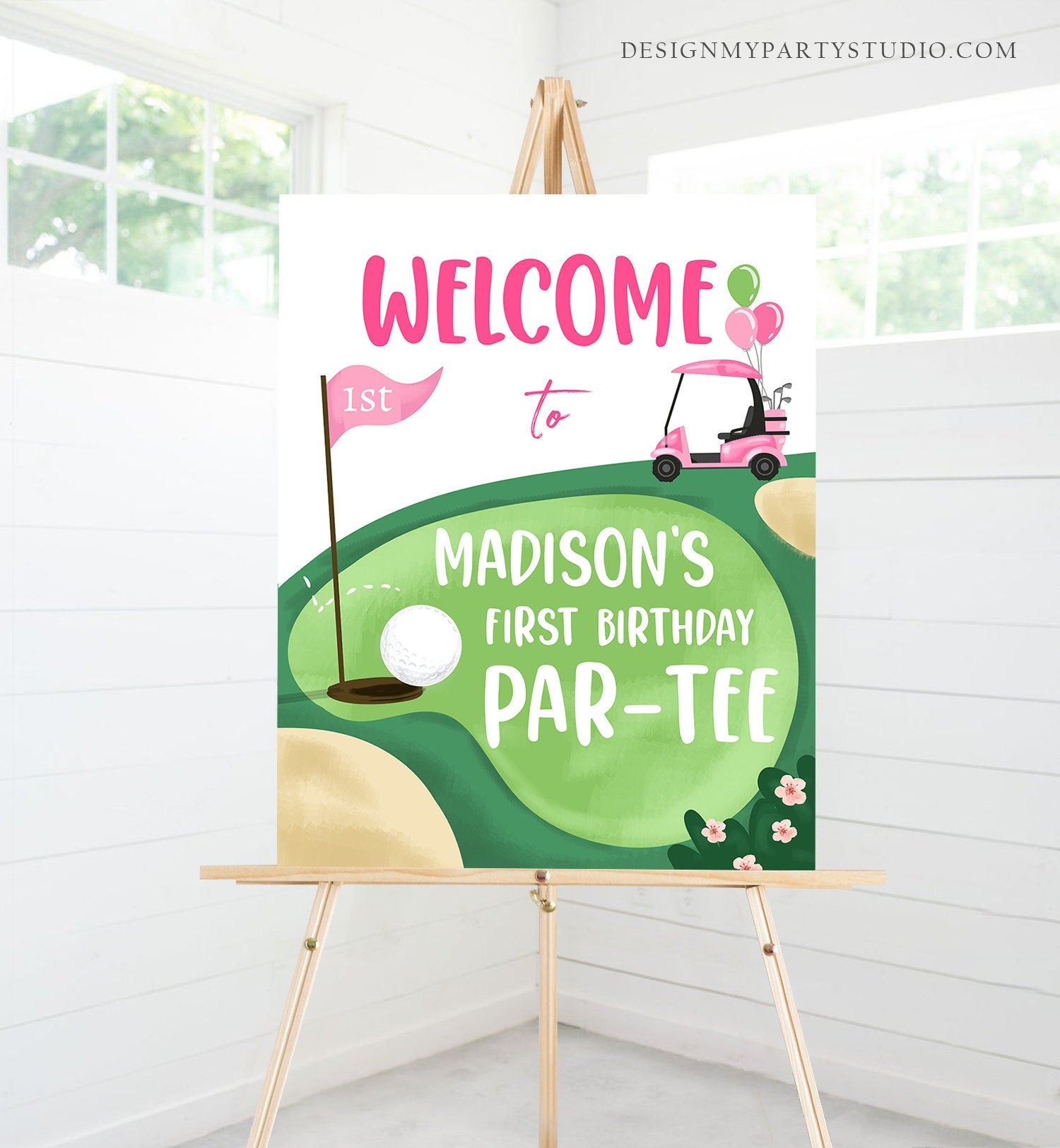 Editable Golf Birthday Welcome Sign 1st Birthday Girl Hole in One Party First Birthday Par-Tee Golfing Golf Digital Template Printable 0405