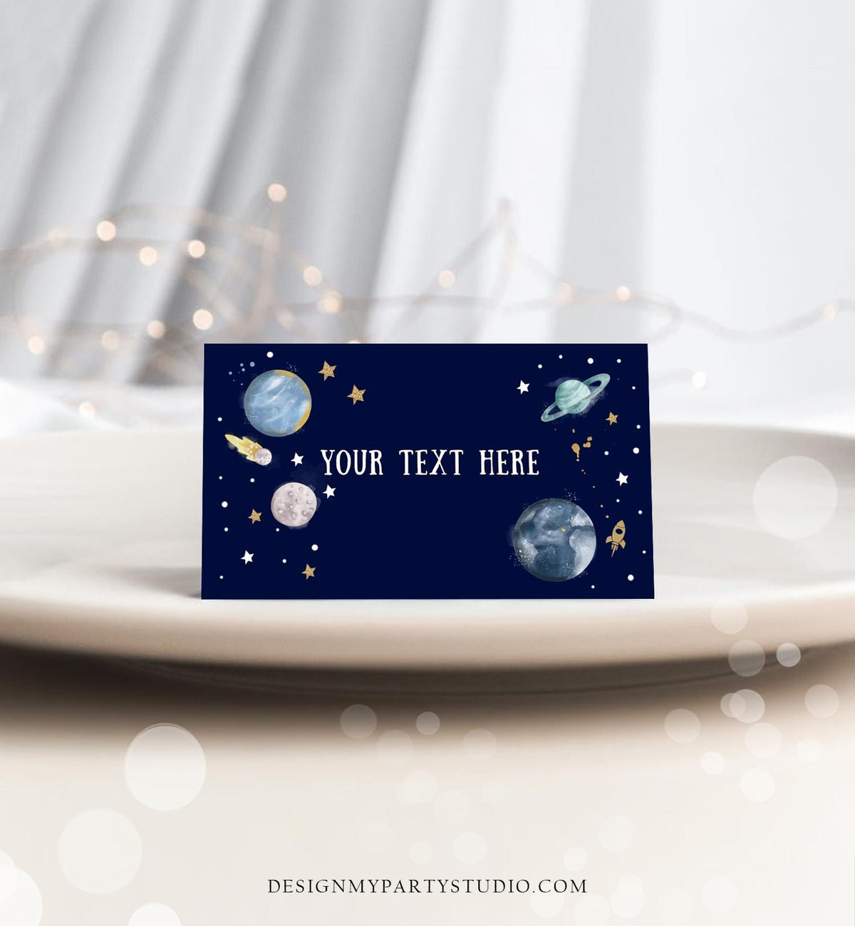 Editable Food Labels Outer Space Birthday Galaxy Food Labels Place Card Tent Insert Astronaut Around the Sun Gold Template Printable 0357