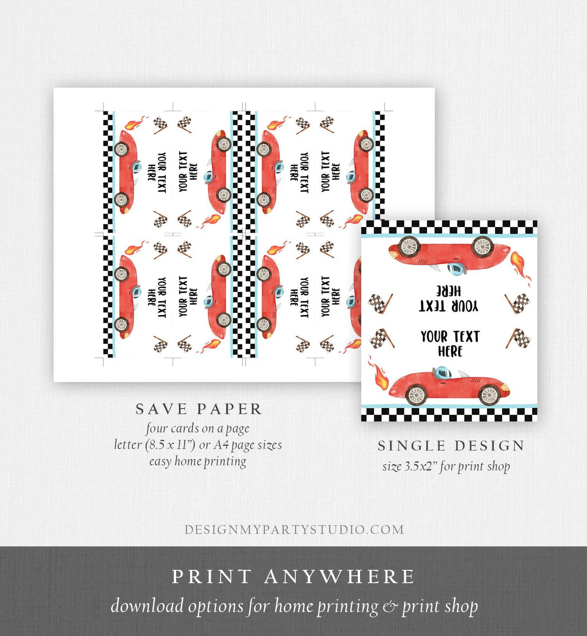 Editable Food Labels Race Car Birthday Racing Food Labels Place Tent Insert Card Growing Up Two Fast 2nd Boy Digital Template Printable 0424