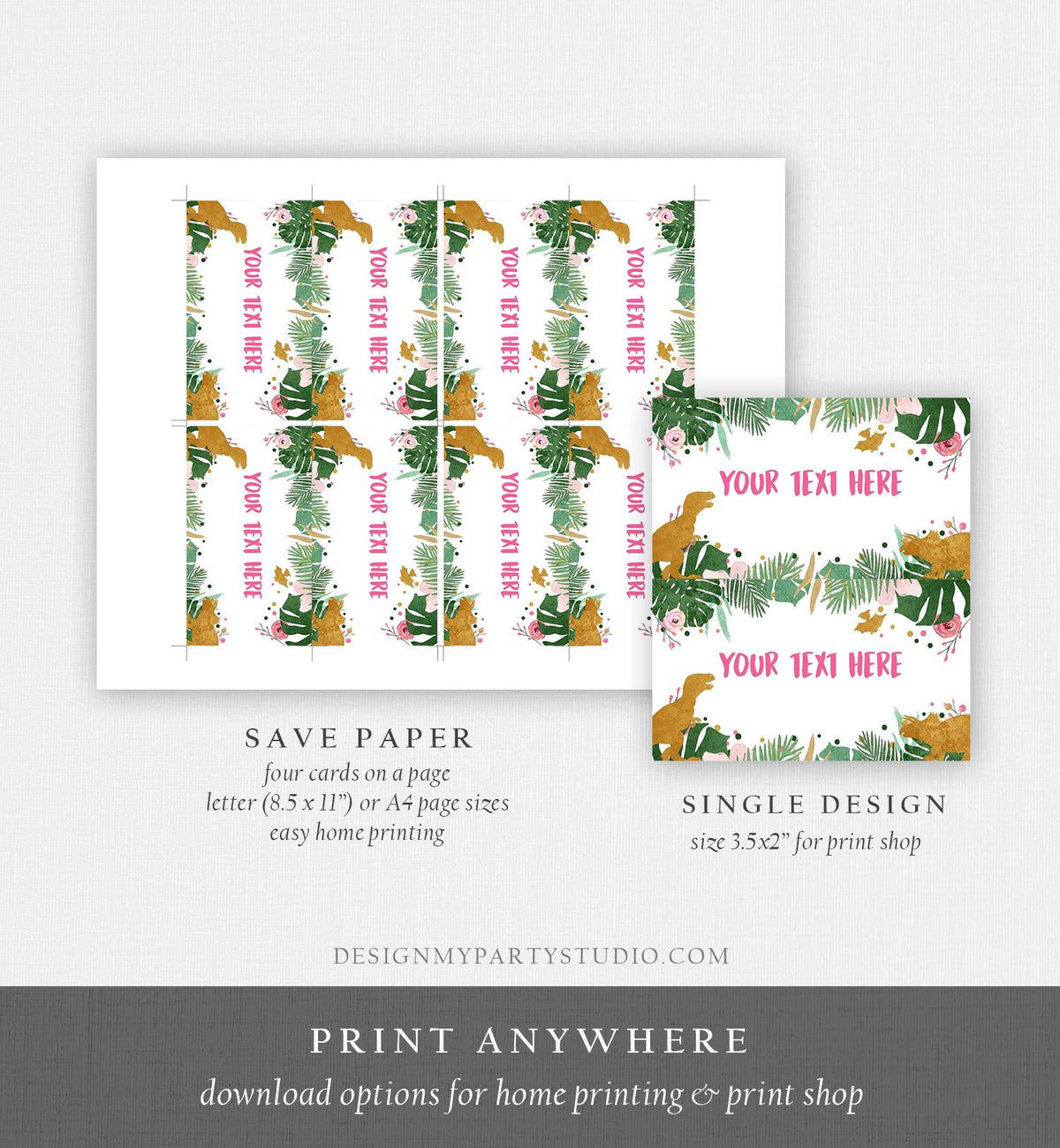 Editable Dinosaur Food Labels Dinosaur Party Place Card Tent Card Insert Card Pink Girl Dino Birthday T-Rex Digital Template Printable 0146