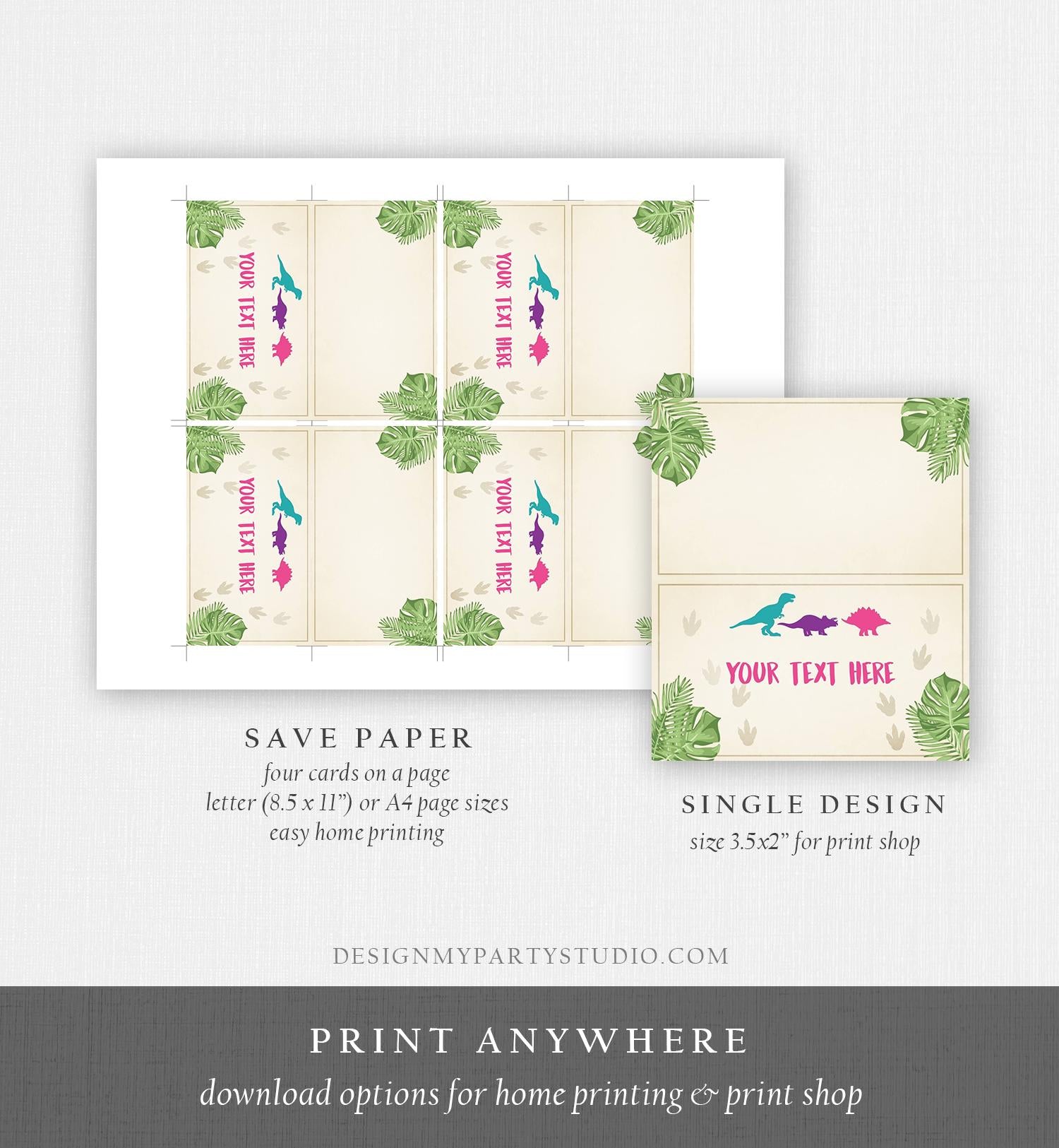 Editable Dinosaur Food Labels Dinosaur Party Place Card Tent Card Insert Dino Birthday Girl Pink T-Rex Prehistoric Template Printable 0043