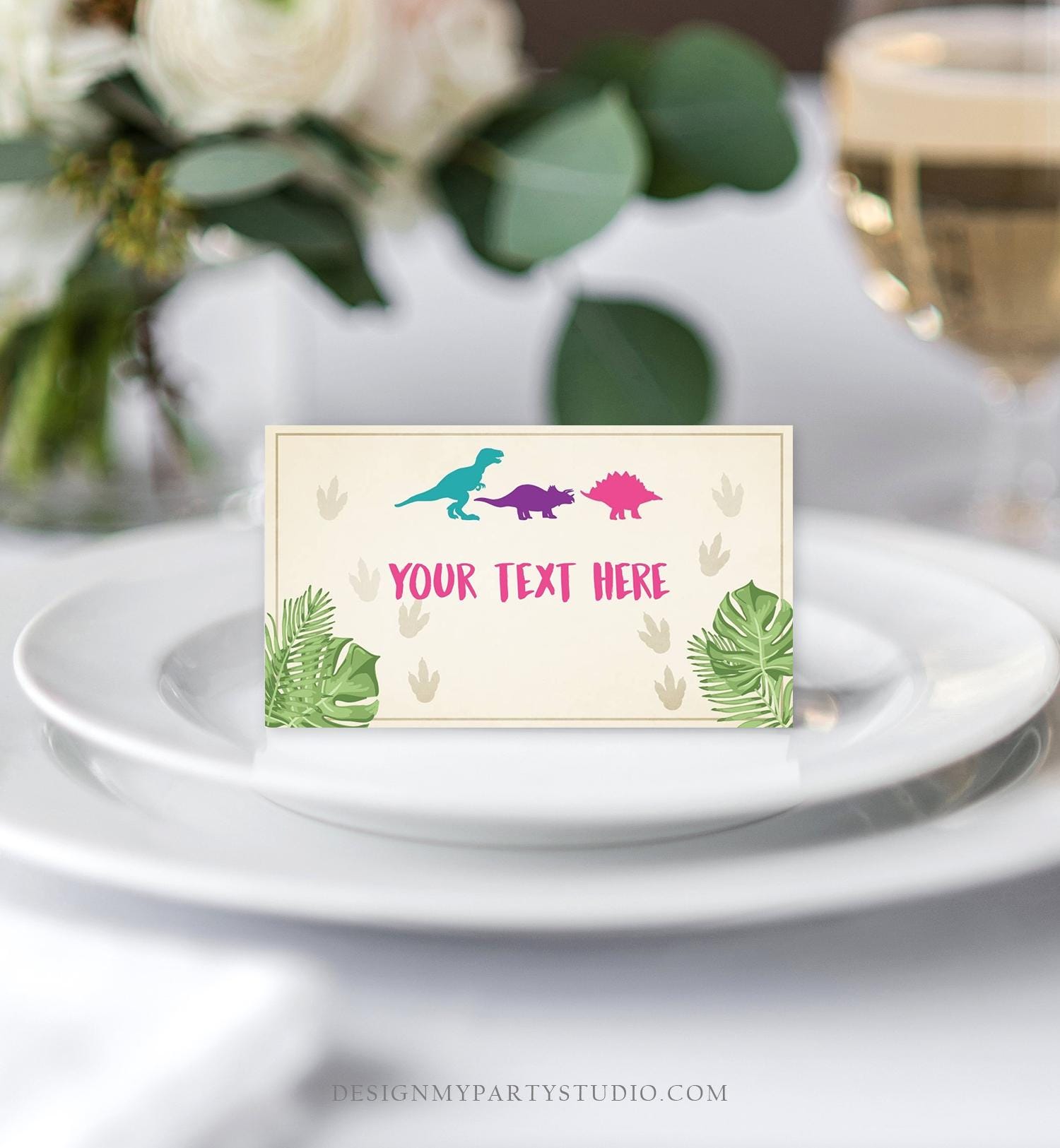 Editable Dinosaur Food Labels Dinosaur Party Place Card Tent Card Insert Dino Birthday Girl Pink T-Rex Prehistoric Template Printable 0043
