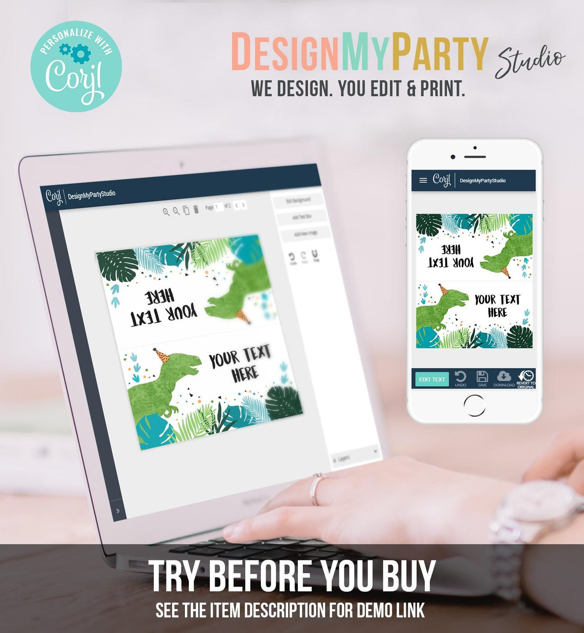 Editable Dinosaur Food Labels Dinosaur Party Place Card Tent Card Insert Card Green Dino Birthday Boy T-Rex Instant Template Printable 0389