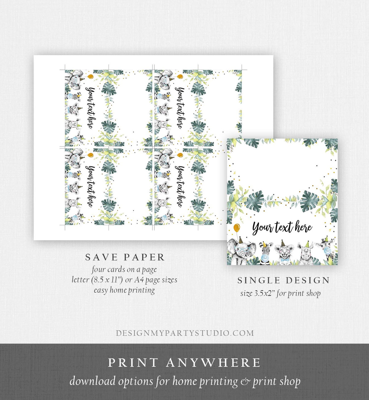 Editable Party Animals Food Label Wild One Boy Black Safari Animals Birthday Place Card Tent Insert Digital Download Template Printable 0322