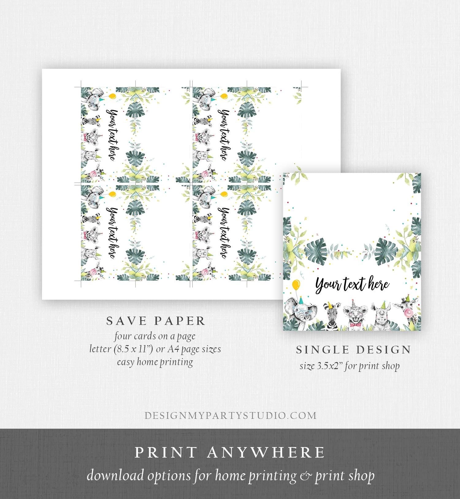 Editable Party Animals Food Label Wild One Boy Black Safari Animals Birthday Place Card Tent Insert Digital Download Template Printable 0322