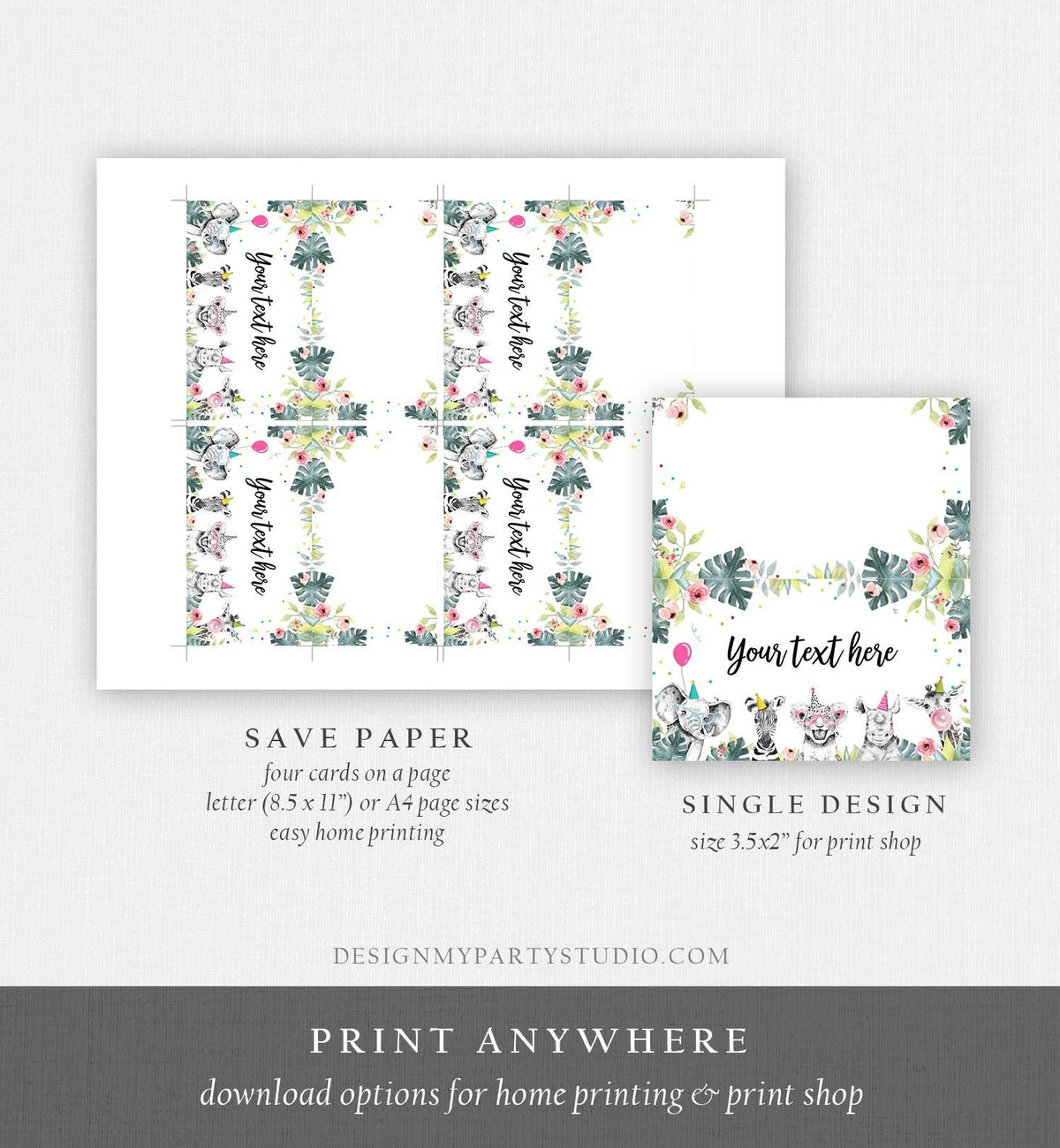Editable Party Animals Food Label Wild One Girl Safari Animals Birthday Place Card Tent Insert Digital Download Template Printable 0322