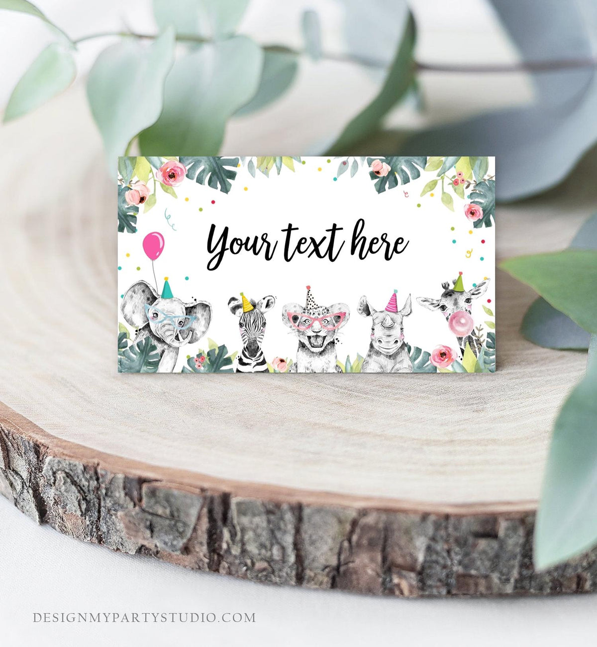 Editable Party Animals Food Label Wild One Girl Safari Animals Birthday Place Card Tent Insert Digital Download Template Printable 0322