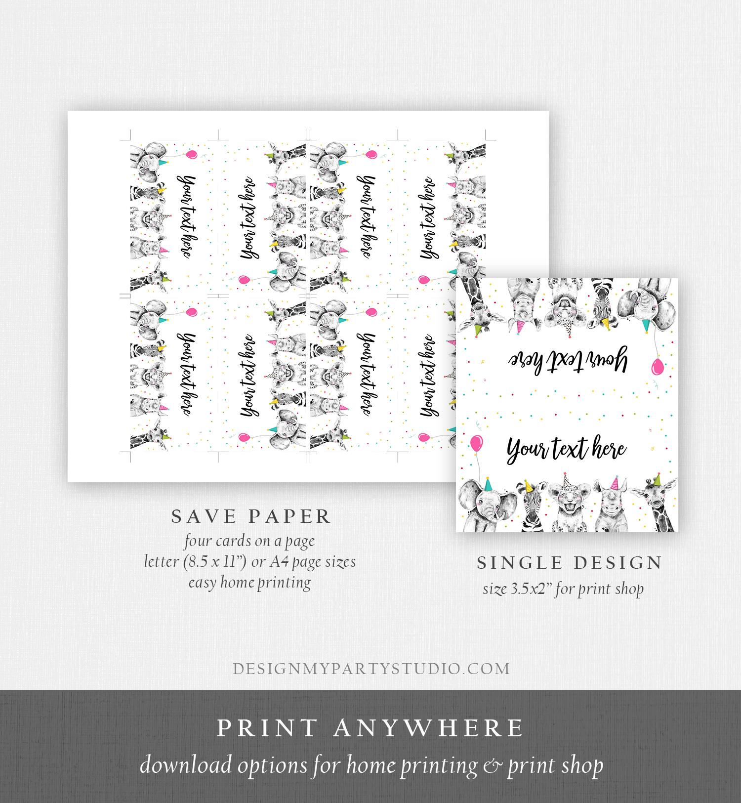 Editable Party Animals Food Label Wild One Girl Safari Animals Birthday Place Card Tent Insert Digital Download Template Printable 0390