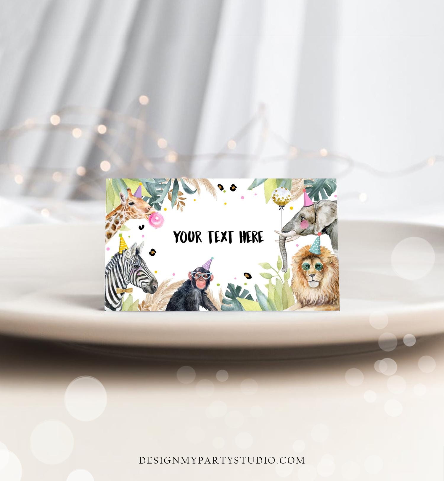 Editable Party Animals Food Label Wild One Girl Boy Safari Animals Birthday Place Card Tent Insert Digital Download Template Printable 0417