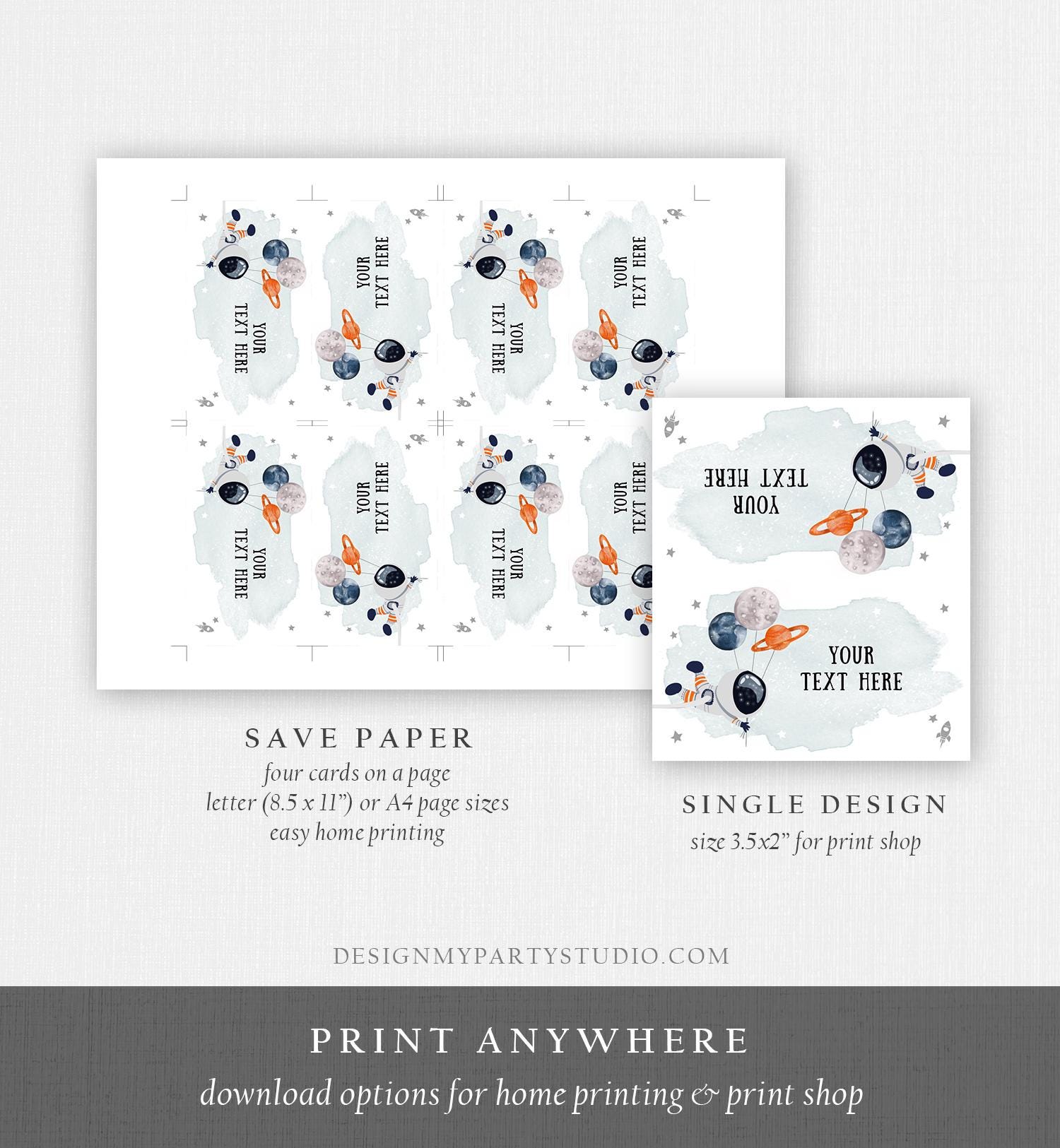 Editable Food Label Outer Space Astronaut Birthday Galaxy Food Labels Place Card Tent Insert Orange Silver Digital Template Printable 0366