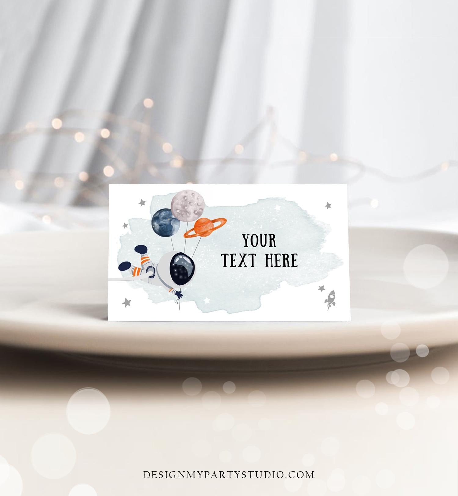 Editable Food Label Outer Space Astronaut Birthday Galaxy Food Labels Place Card Tent Insert Orange Silver Digital Template Printable 0366