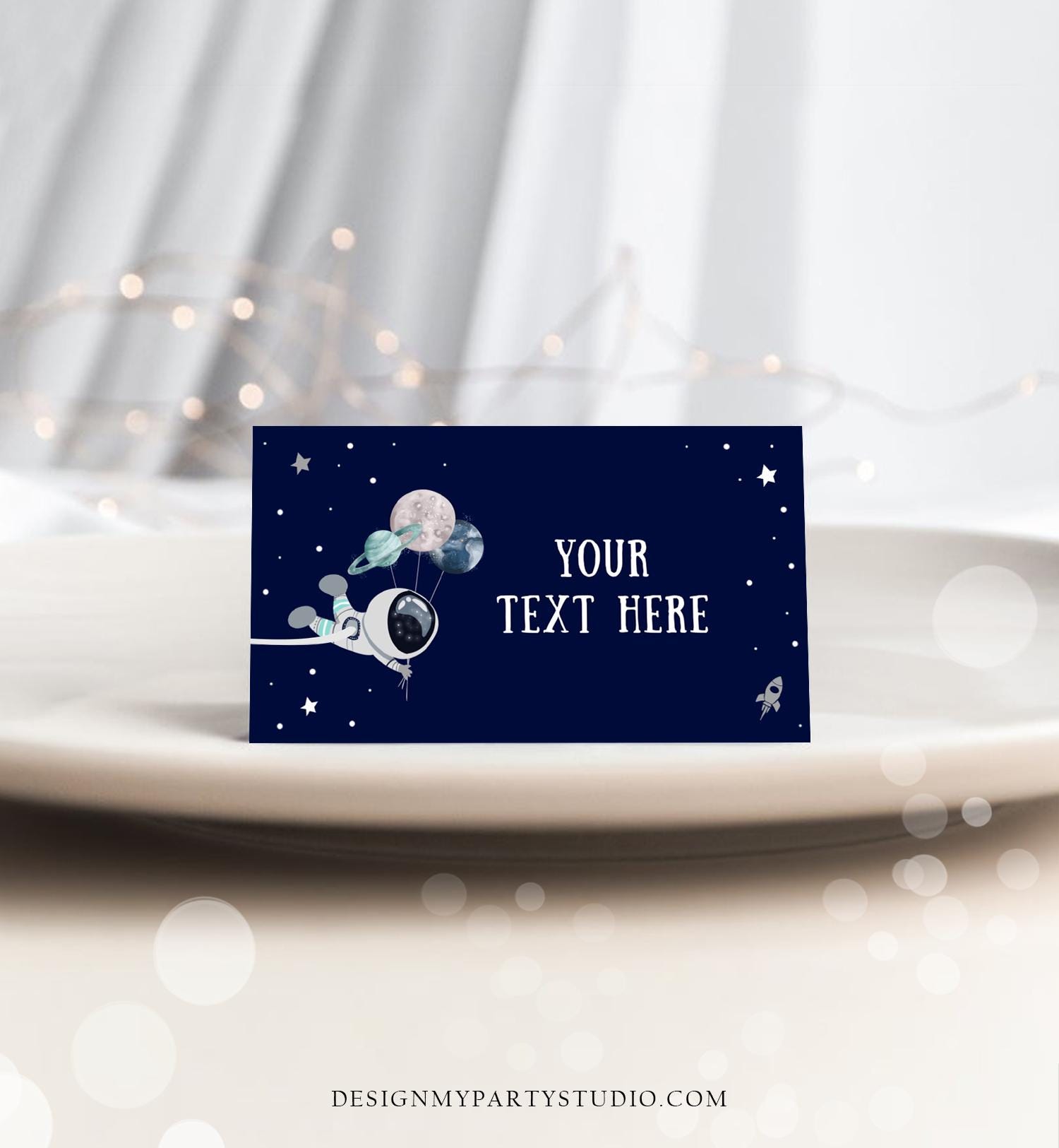 Editable Food Label Outer Space Astronaut Birthday Galaxy Food Labels Place Card Tent Insert Blue Silver Digital Template Printable 0366