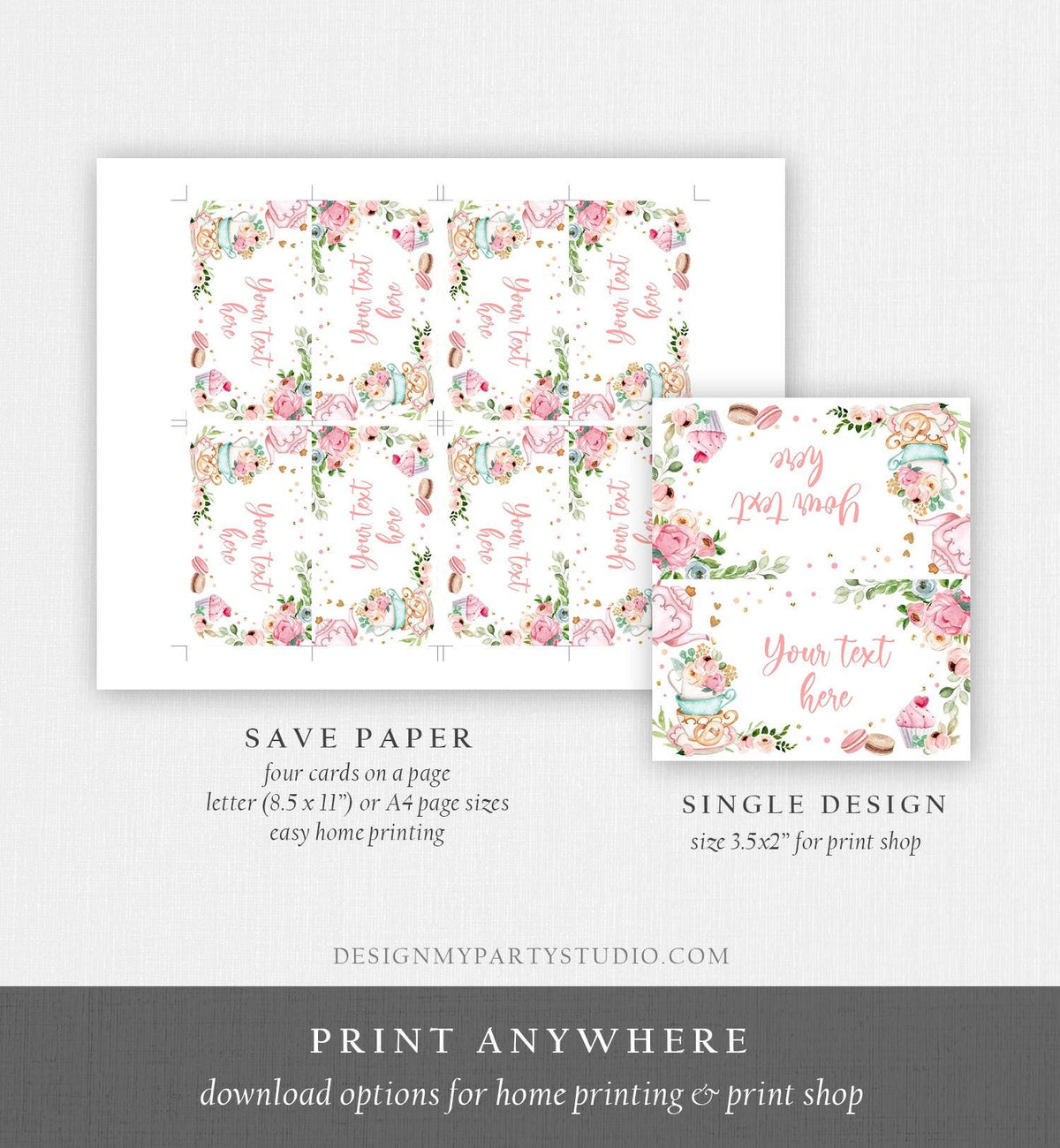 Editable Tea Party Food Label Tea Place Card Tent Card Insert Card Par-Tea Tea for Two Decor Girl Floral Digital Template Printable 0349