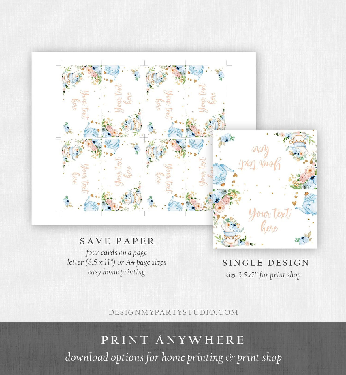 Editable Tea Party Food Label Tea Place Card Tent Card Insert Par-Tea Tea for Two Decor Girl Floral Blue Digital Template Printable 0349