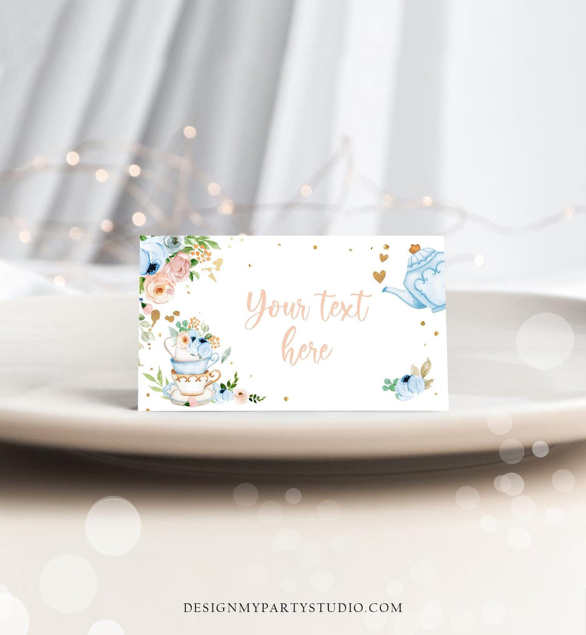 Editable Tea Party Food Label Tea Place Card Tent Card Insert Par-Tea Tea for Two Decor Girl Floral Blue Digital Template Printable 0349