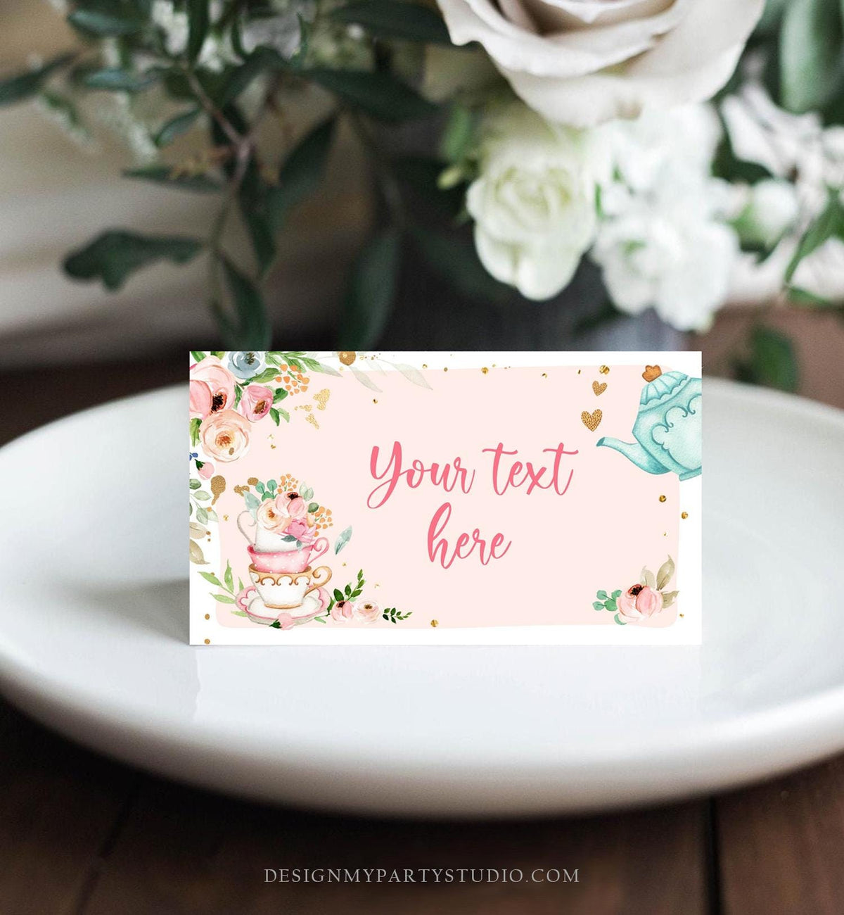 Editable Tea Party Food Label Tea Place Card Tent Card Insert Par-Tea Tea for Two Decor Girl Floral Pink Digital Template Printable 0349