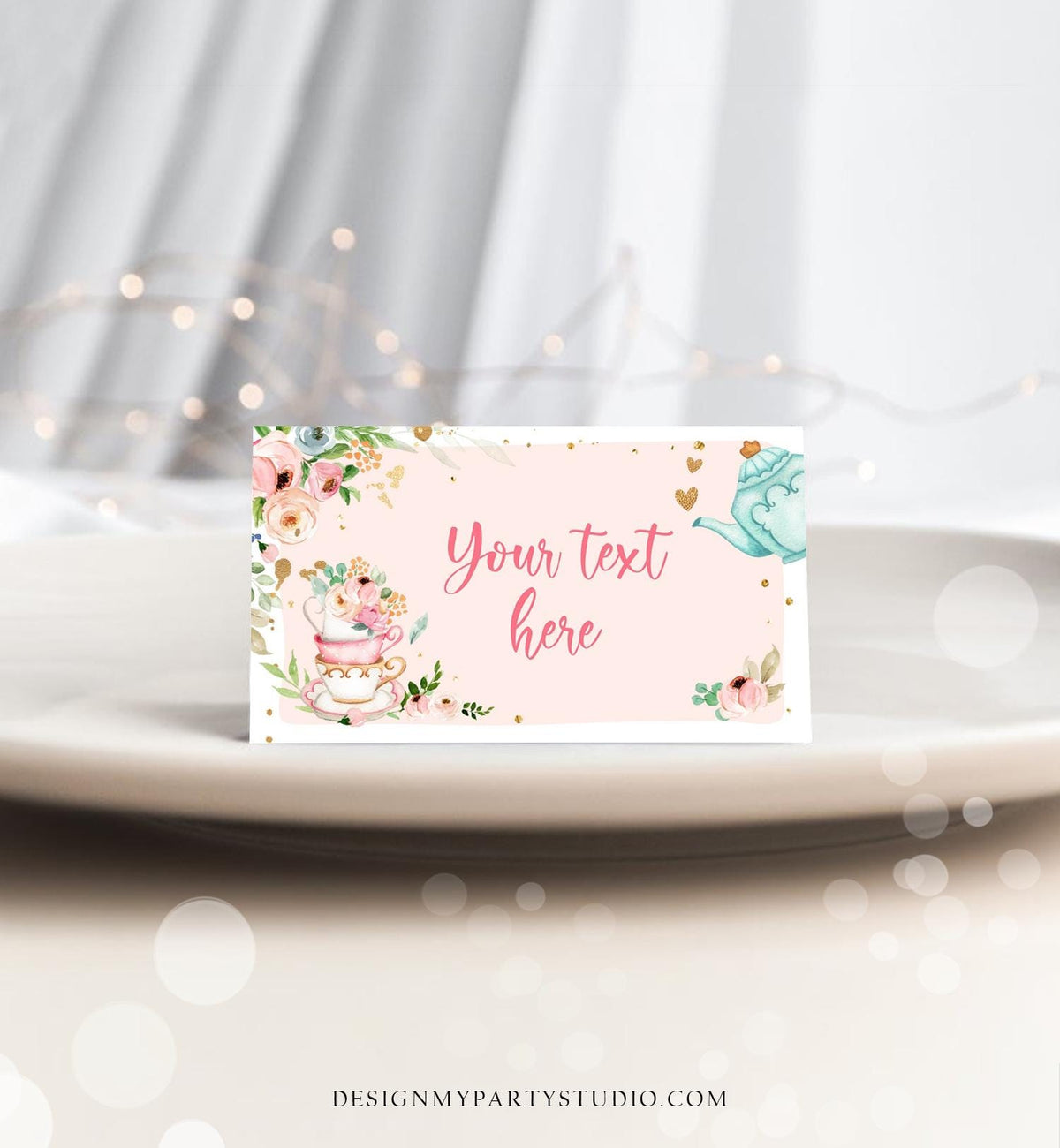 Editable Tea Party Food Label Tea Place Card Tent Card Insert Par-Tea Tea for Two Decor Girl Floral Pink Digital Template Printable 0349