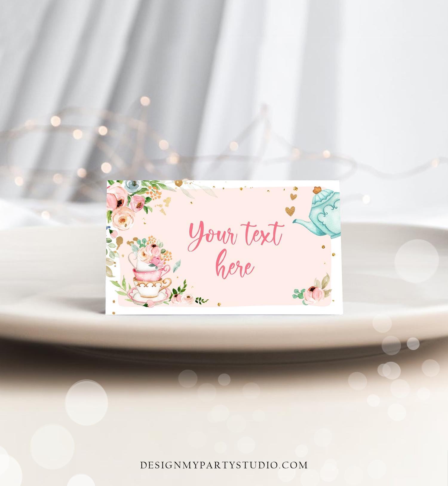 Editable Tea Party Food Label Tea Place Card Tent Card Insert Par-Tea Tea for Two Decor Girl Floral Pink Digital Template Printable 0349