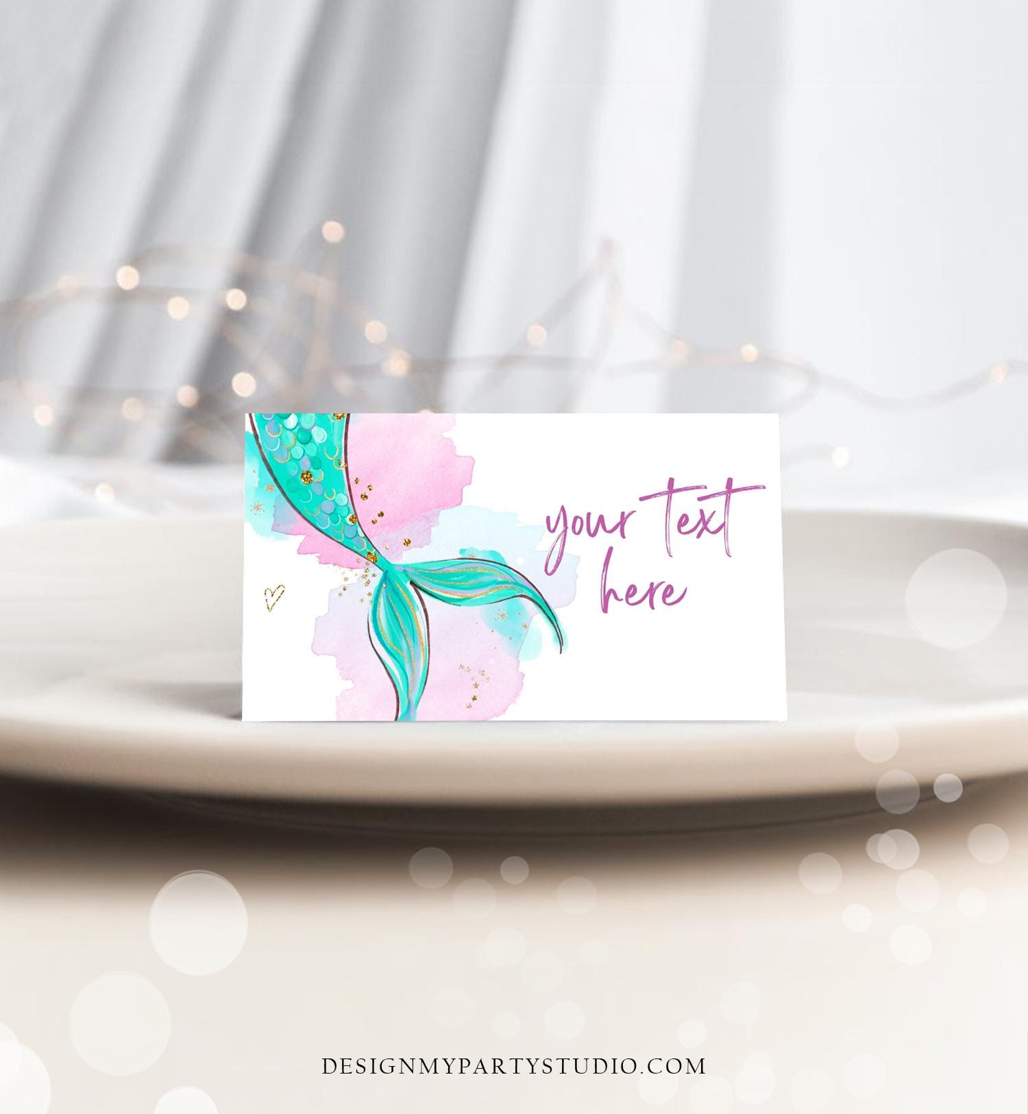 Editable Mermaid Food Labels Mermaid Birthday Place Card Tent Card Insert Card Girl Pink Gold Under The Sea Digital Template Printable 0403